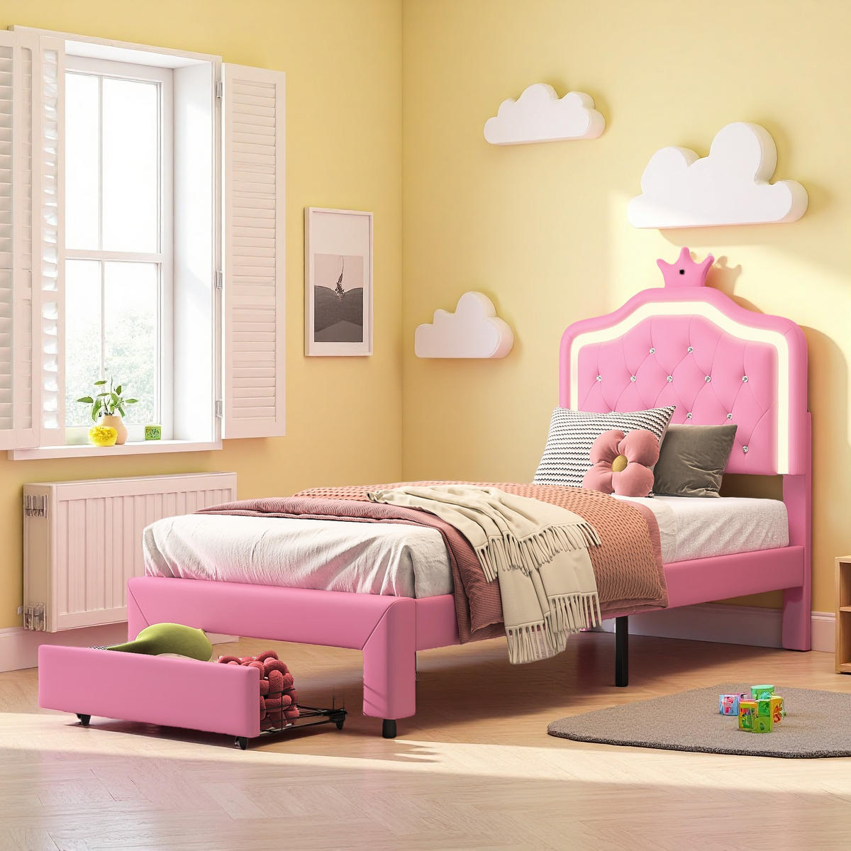 POLSTERBETT 90x200 cm LED Schubladen Lattenrost Rückenlehne rosa - Rosa, Holz (90/200cm) - LEBENLANG