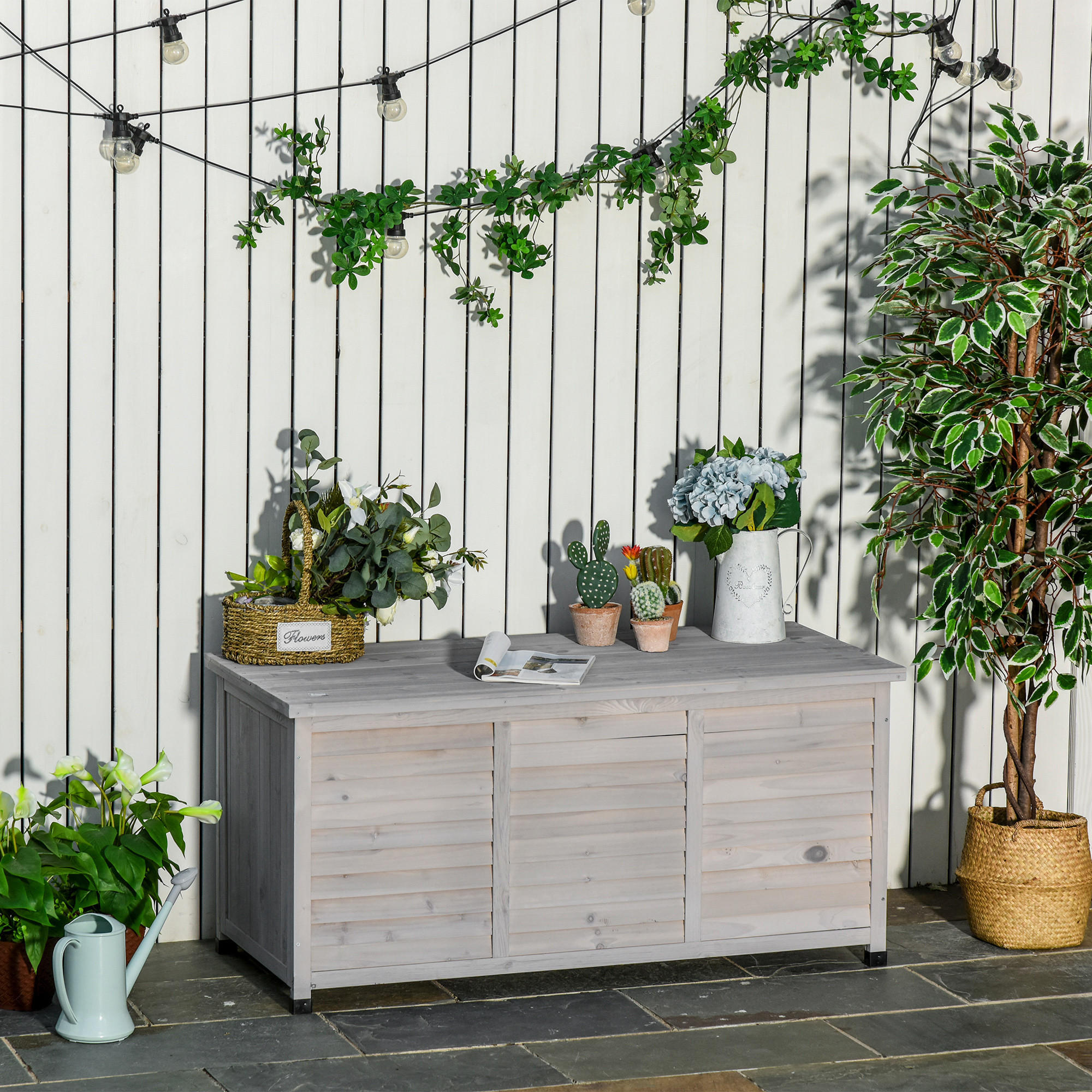 GARTENBOX Kissenbox Aufbewahrungsbox Gartentruhe, wetterbeständig, Massivholz, Grau - Hellgrau, Holz (56/60/127cm) - Outsunny