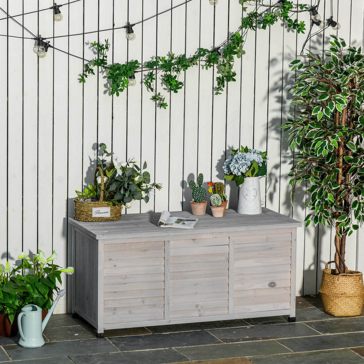 GARTENBOX Kissenbox Aufbewahrungsbox Gartentruhe, wetterbeständig, Massivholz, Grau - Hellgrau, Holz (56/60/127cm) - Outsunny