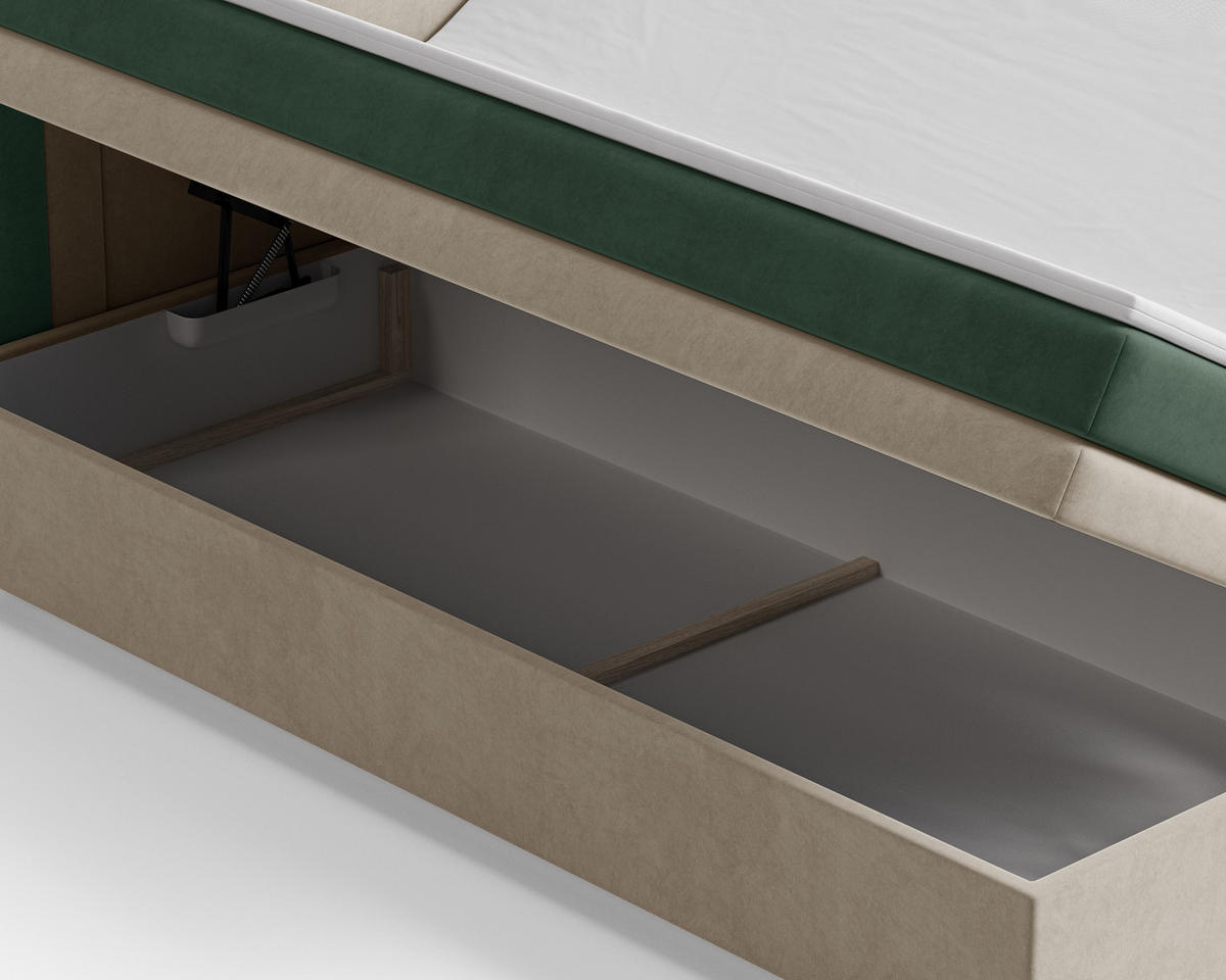 BOXBETT - Bett 10 NEST - Riviera - 140x200 cm - Modernes Polsterbett mit Bettkasten - Grün, Holz (140/200cm) - ROYAL24_MARKT