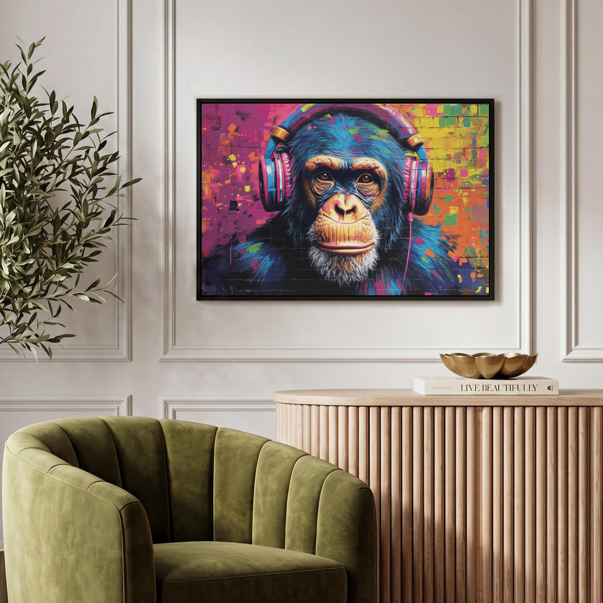 LEINWAND Bilder mit Rahmen - Graffiti - Schimpanse - Straßenkunst - Kopfhörer - Affe - 60x40 - Blau, Textil (60/40cm) - MuchoWow