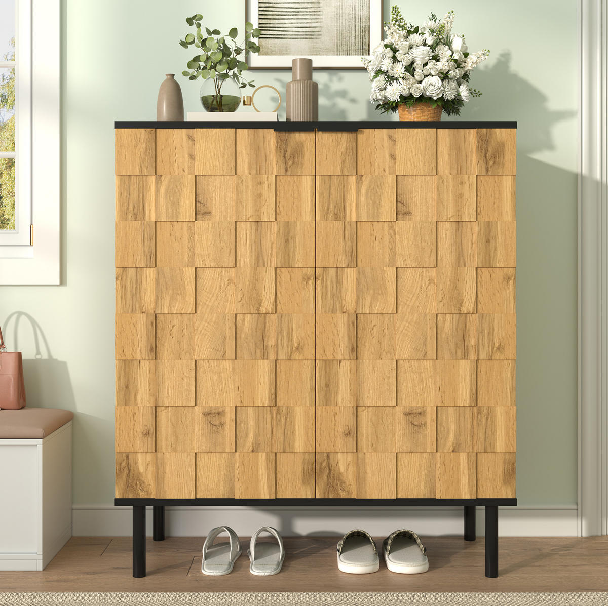 SCHUHSCHRANK 80/35/91,5 cm in Natur mit 2 Türen und verstellbaren Fächern - Naturfarben, Holzwerkstoff (80/91/35cm) - Flora Grace