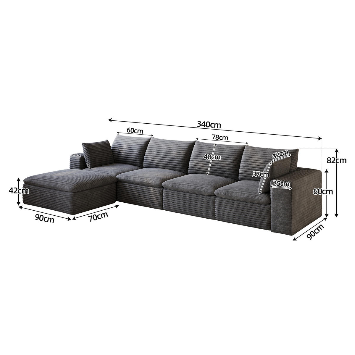 ECKSOFA DE-34773 4-Sitzer mit ottomane Dunkelgrau - Dunkelgrau, Textil (160/340cm) - ComfortXL