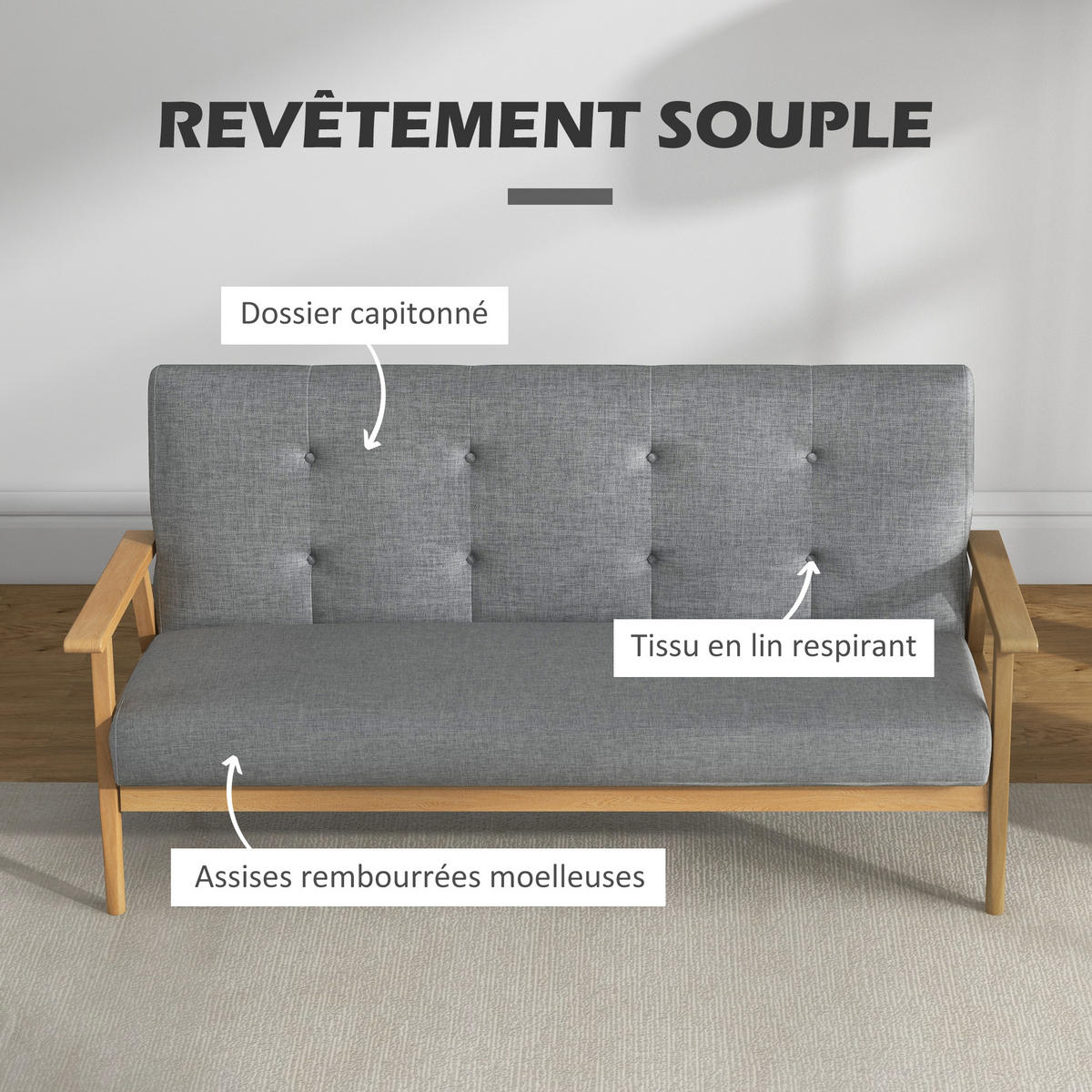 SOFA, 3-Sitzer, skandinavisch, gesteppt, grau, 154,5cm - Multicolor, Holzwerkstoff (154.5/73/69.5cm) - FORIOUS