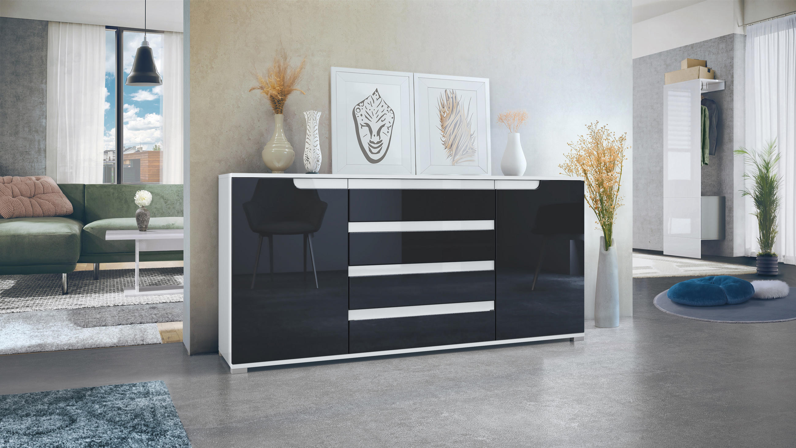 SIDEBOARD Sylt Schwarz Hochglanz / Weiß Hochglanz - Schwarz Hochglanz, Holzwerkstoff (166.5/75.5/35cm) - Vladon
