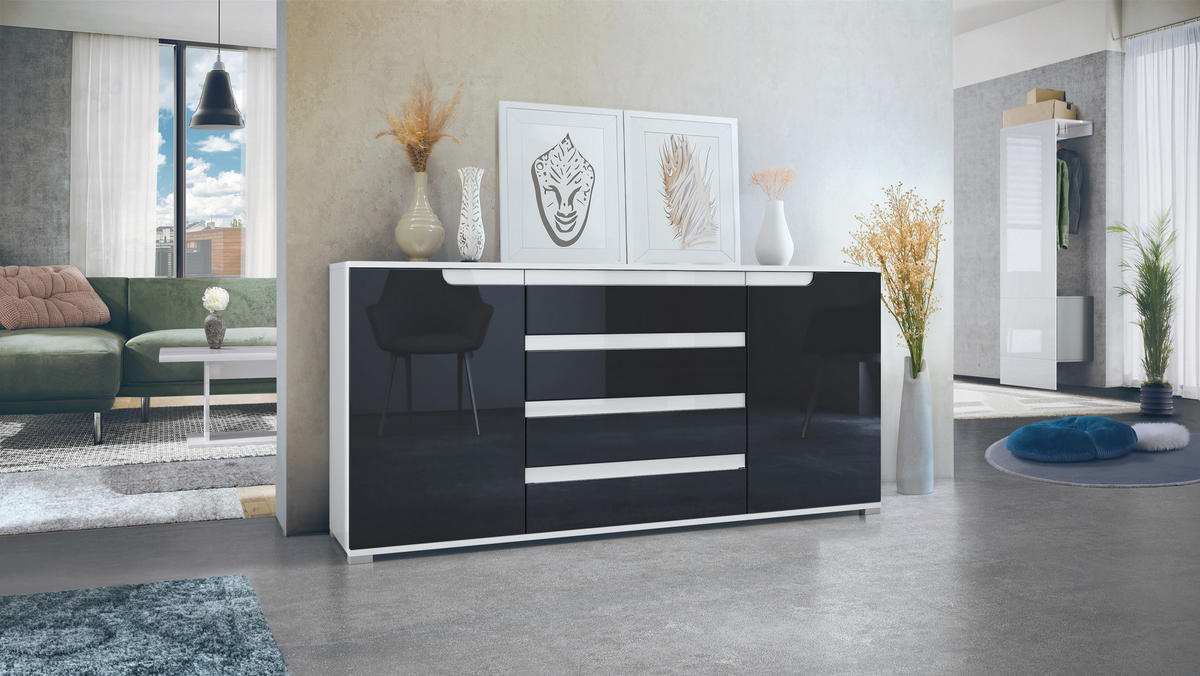SIDEBOARD Sylt Schwarz Hochglanz / Weiß Hochglanz - Schwarz Hochglanz, Holzwerkstoff (166.5/75.5/35cm) - Vladon