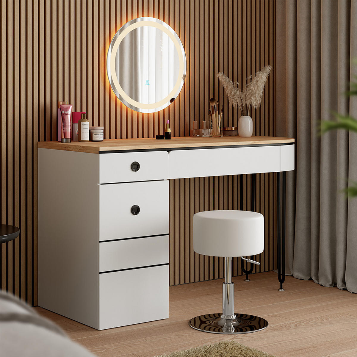 SCHMINKTISCH Mia Weiß/Naturholz 120 cm mit LED-Spiegel - Weiß/Naturfarben, Holzwerkstoff (120/77/55cm) - Vicco