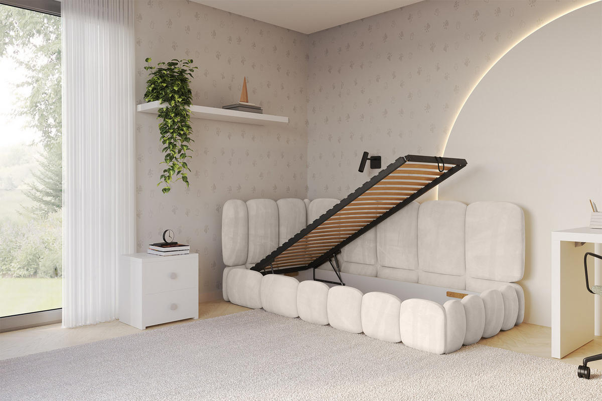 EINZELLBETT Jugendbett mit Bettkasten, Rechts - AVRY 100x200 Beige - Sandfarben, Holzwerkstoff/Textil (100/200cm) - ALTDECOR