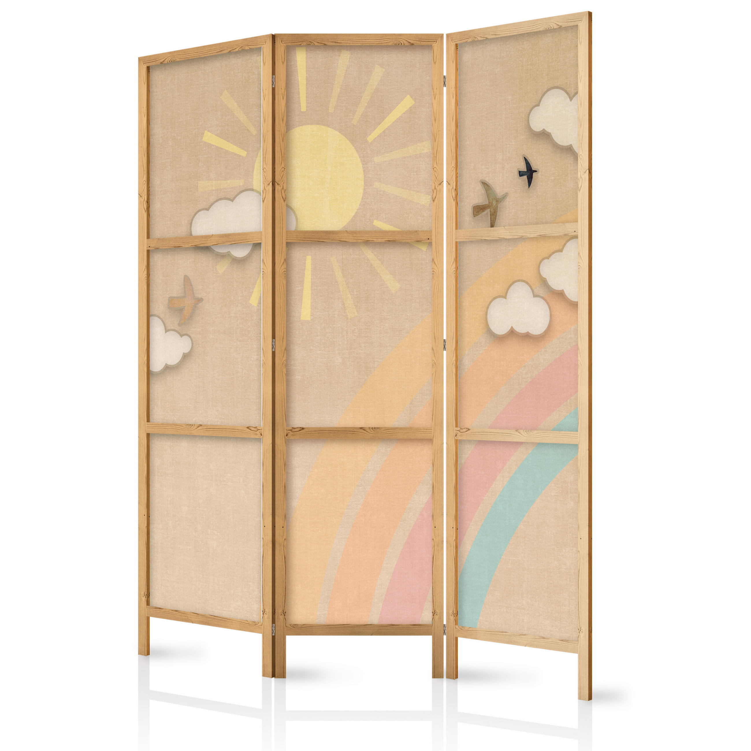 PARAVENT Japanischer 3-tlg 135x172 cm Sonne und Regenbogen - Beige, Holz/Textil (135/172/3cm) - Muralo