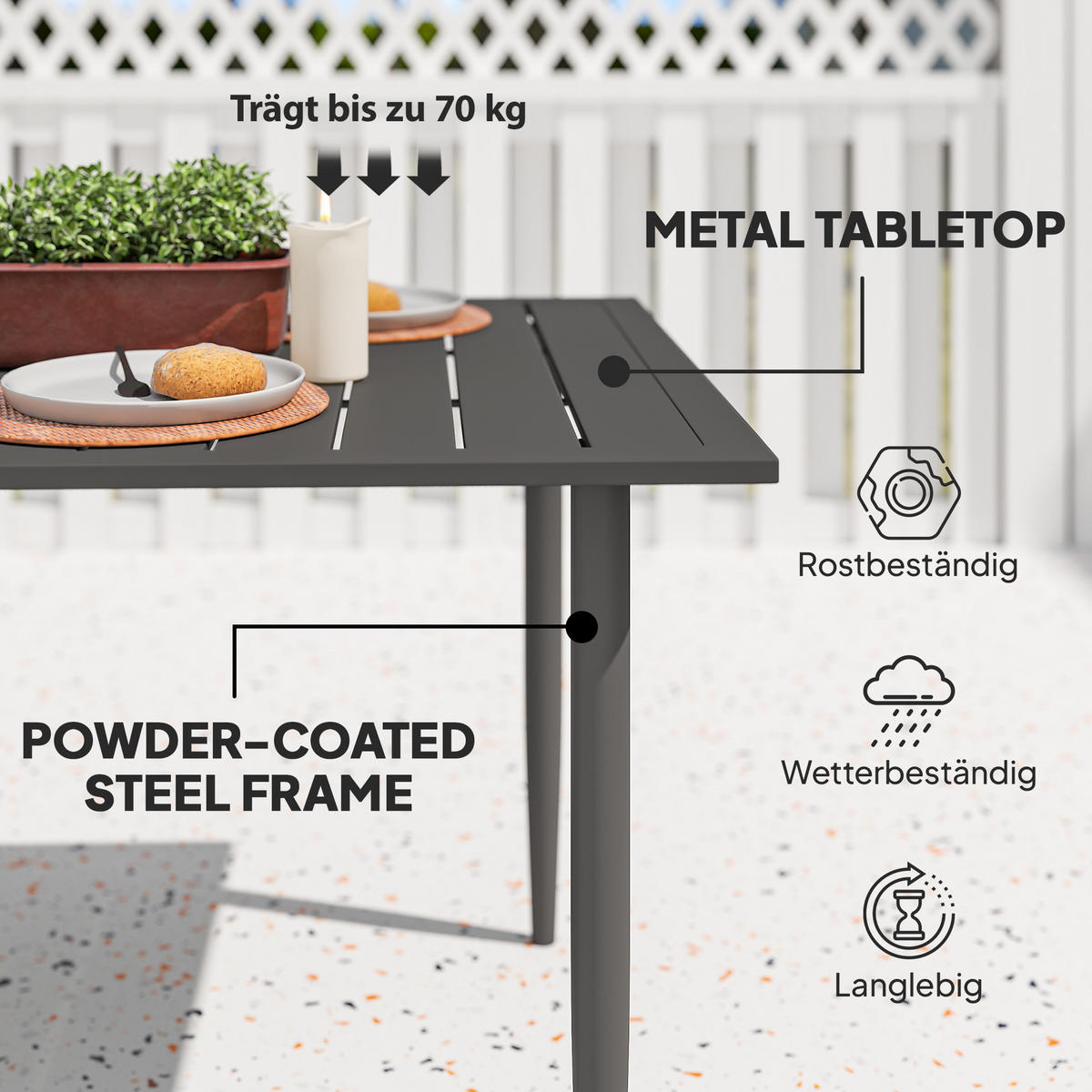 GARTENTISCH DE-07277 mit Schirmloch und Lattendesign Schwarz - Schwarz, Metall (150/90/73cm) - ComfortXL