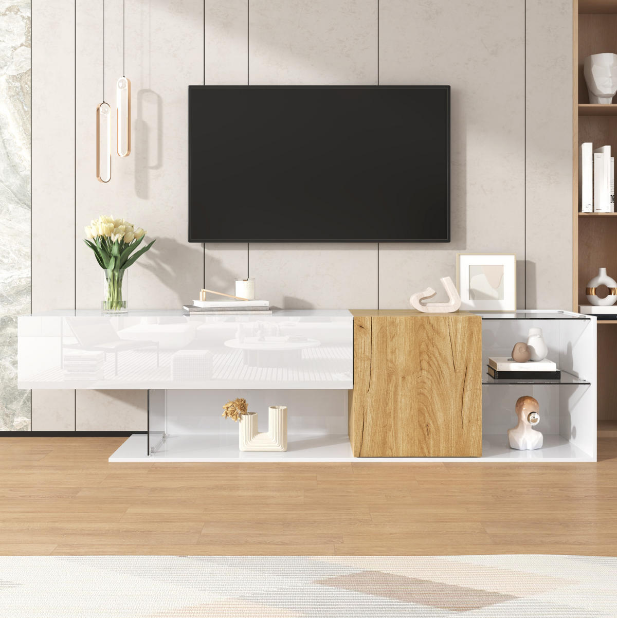 TV-KOMMODE mit Glasregalen 180 x 38 x 48 cm Weiß Holzoptik - Weiß, Holzwerkstoff (38/48/180cm) - Beauniv