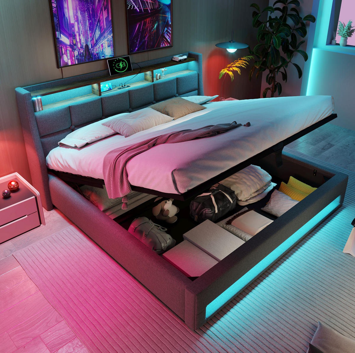POLSTERBETT mit LED und USB 140x200 cm Grau inkl. Matratze - Grau, Metall (140/200cm) - Meubliv