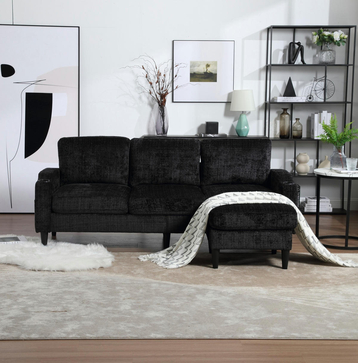 SOFA 4-Sitzer mit Hocker ca. 196,5 x 75 x 77 cm Chenille Black - Schwarz, Kunststoff (196.5/77/75cm) - Meubliv