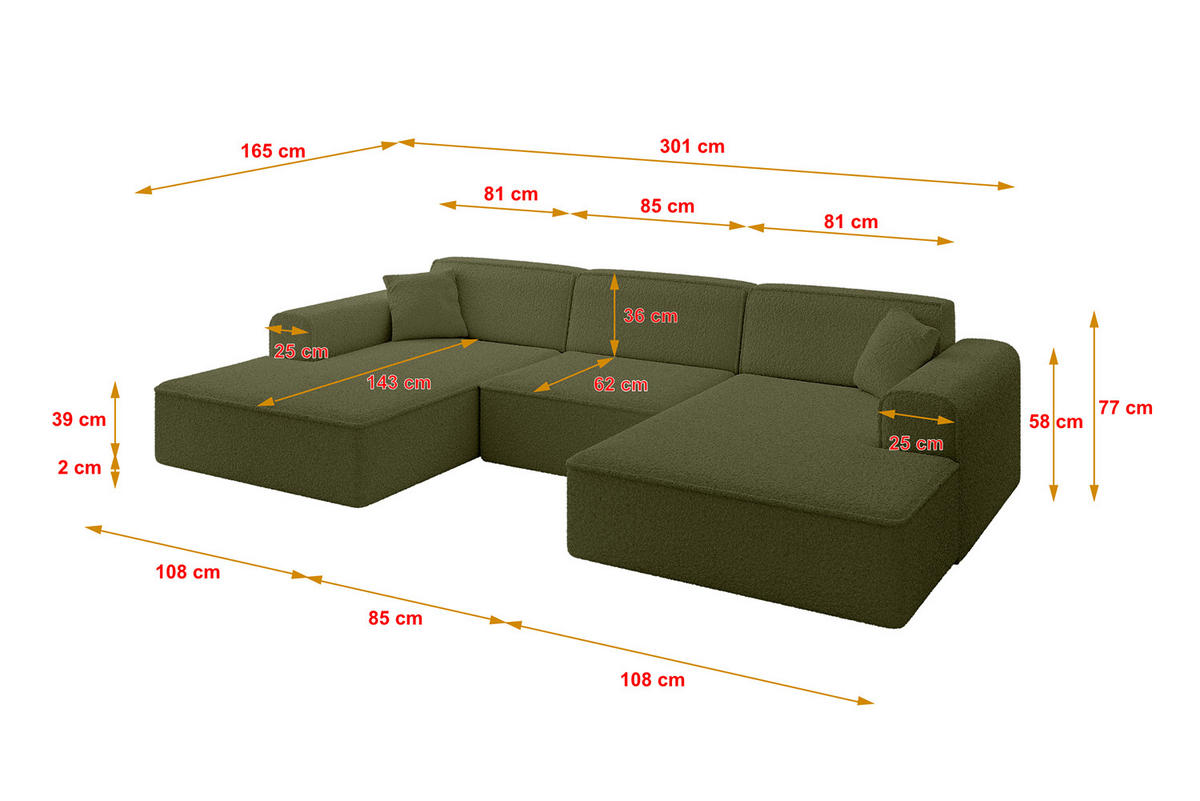 WOHNLANDSCHAFT IREA-U1-v3 - 301x165x77 cm Grün - Platinfarben, Holzwerkstoff/Textil (301/77/165cm) - ALTDECOR