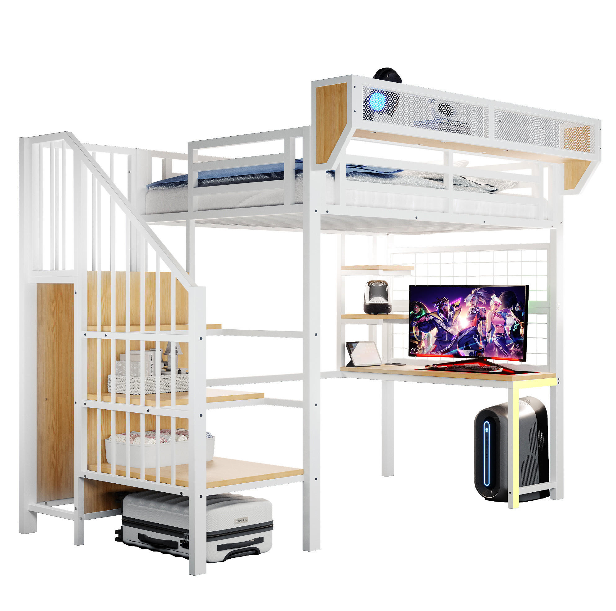 BÍLÁ kovová patrová postel (90/200 cm) s psacím stolem a úložným prostorem - bílá, kompozitní dřevo (90/200cm) - OKWISH