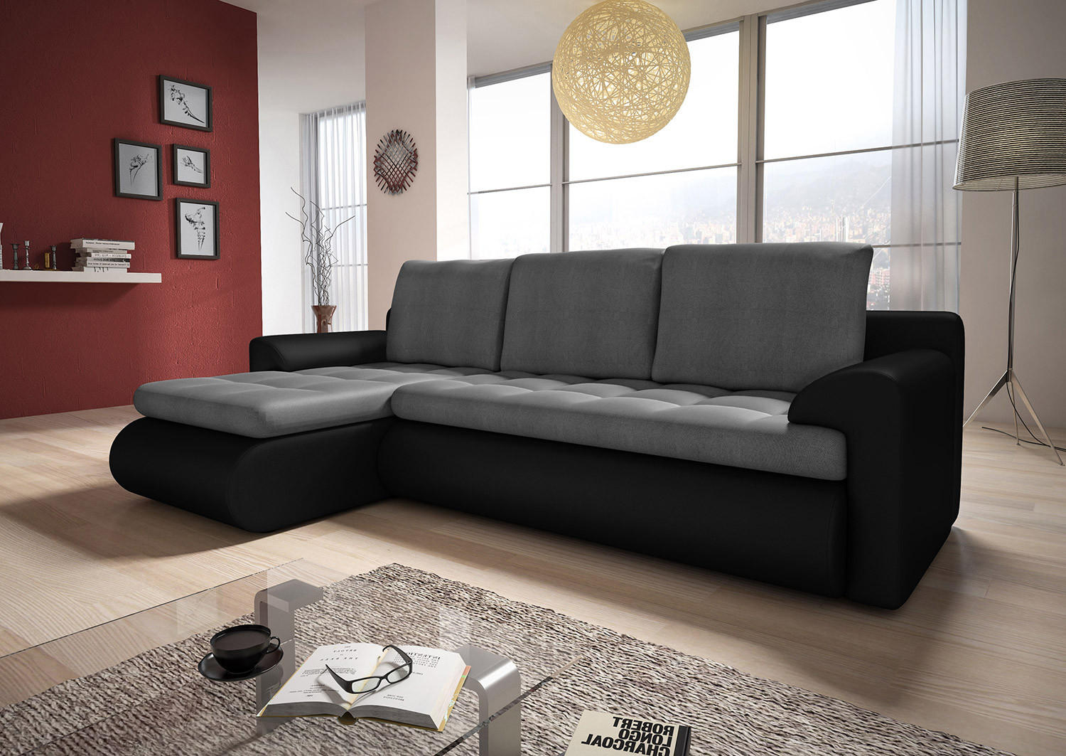 Thumbnail - Sofnet Ecksofa, Schwarz, Grau, Textil, 5-Sitzer, Ottomane links,Rechteckig, 226x152 cm, Wohnzimmer, Sofas & Couches, Woh...
