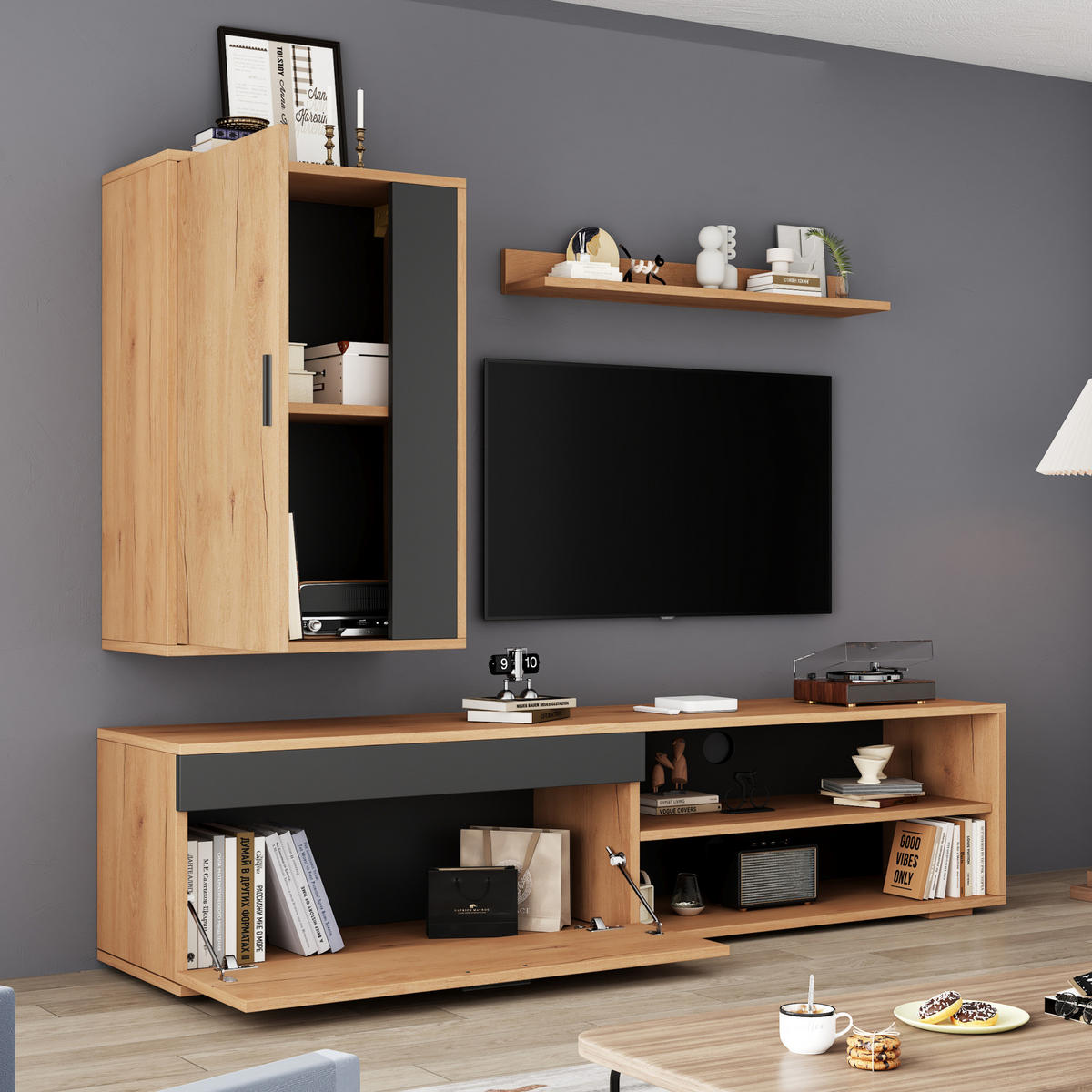 WOHNWAND / Lowboard 140/35/39 cm, 3-teilig, mit Soft-Close und Wandregal - Naturfarben, Holzwerkstoff (140/39/35cm) - BEAOK