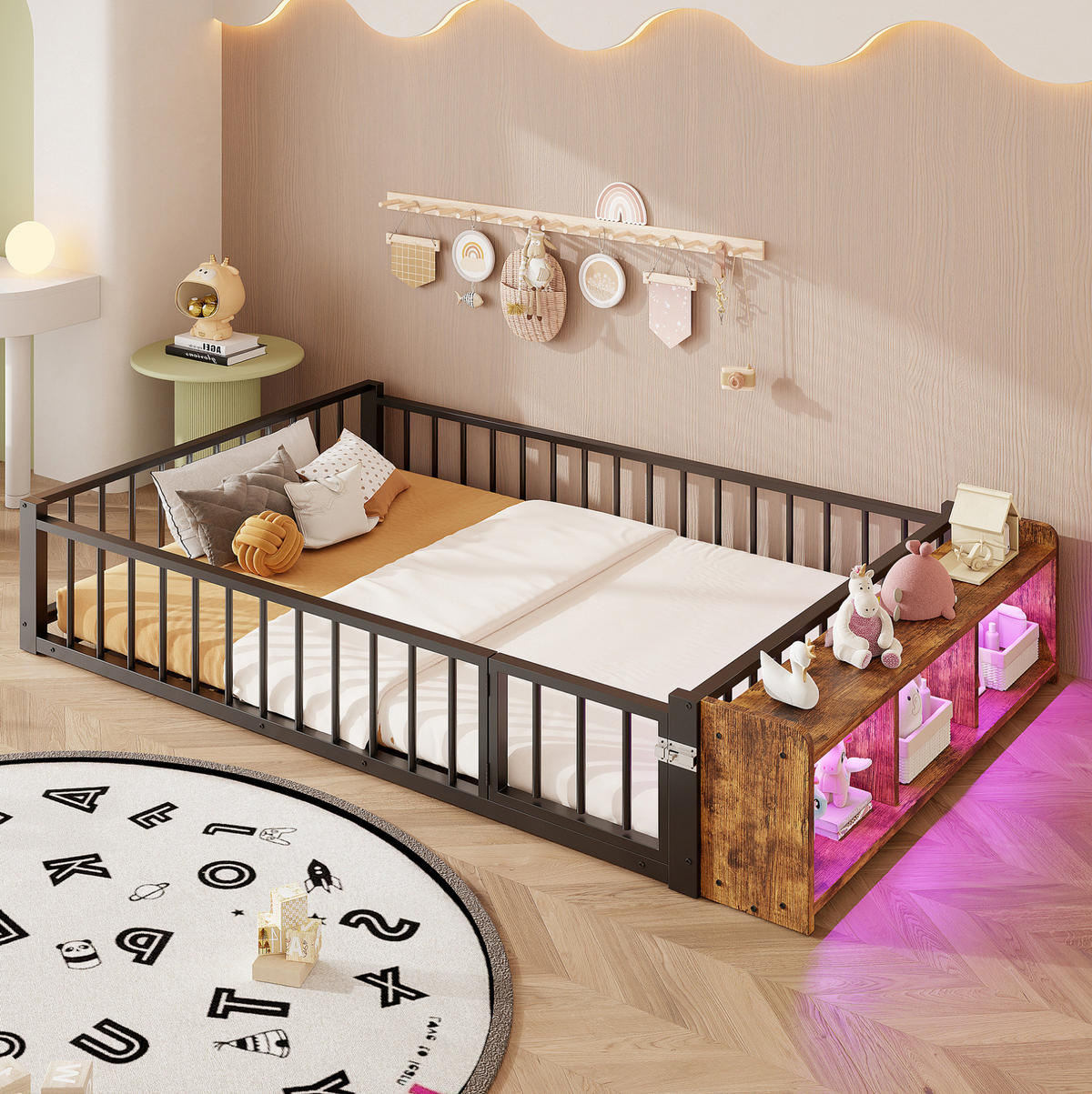 KINDERBETT aus Metall und MDF 140x200 cm Schwarz mit Schutzgeländer, offenem Staufach und LED-Beleuchtung - Schwarz, Holzwerkstoff (140/200cm) - Modfu