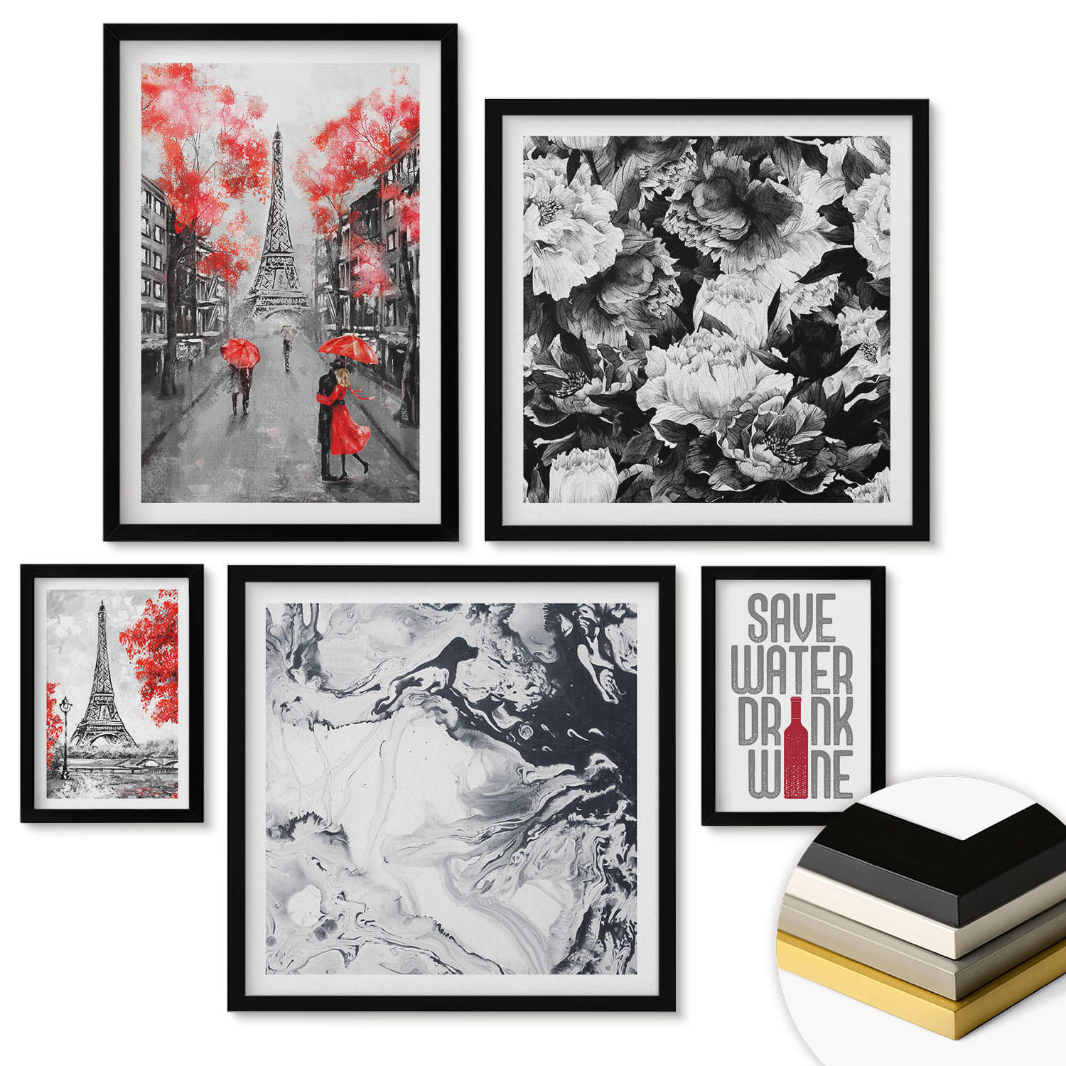 WANDBILDER 5er-Set - 50x50 cm & 20x30 cm & 40x60 cm Schwarzer Rahmen - graue Gemälde des Eiffelturms - Schwarz, Kunststoff (40/60cm) - ArtPrintCave