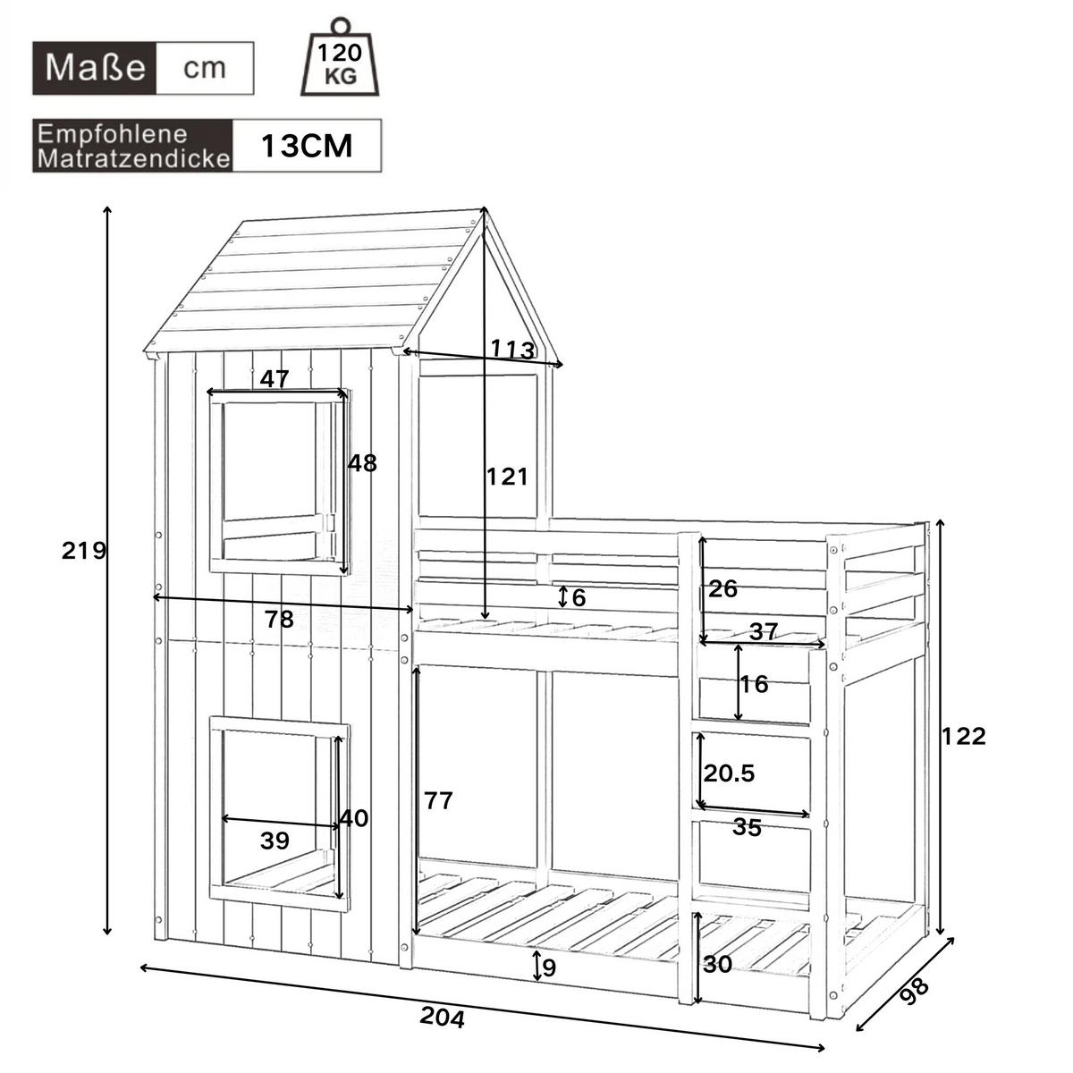 ETAGENBETT 90/200 cm Grau aus massivem Kiefernholz mit Leiter und Baldachin - Grau, Holzwerkstoff (90/200cm) - OKWISH