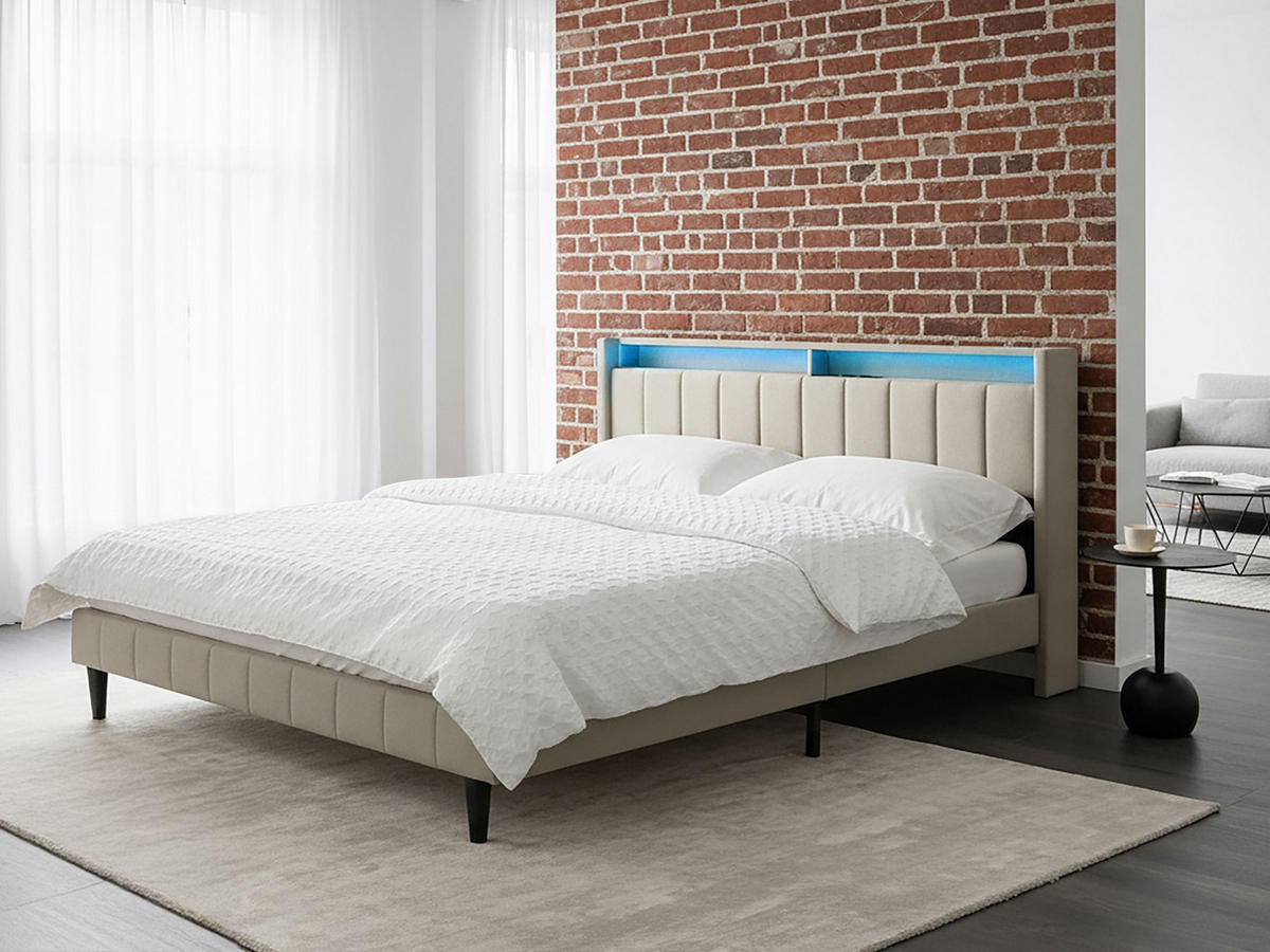 BETT mit LED 180/200 cm Stoff Hellbeige Beaulieu - Beige, Textil (180/200cm) - Beliani