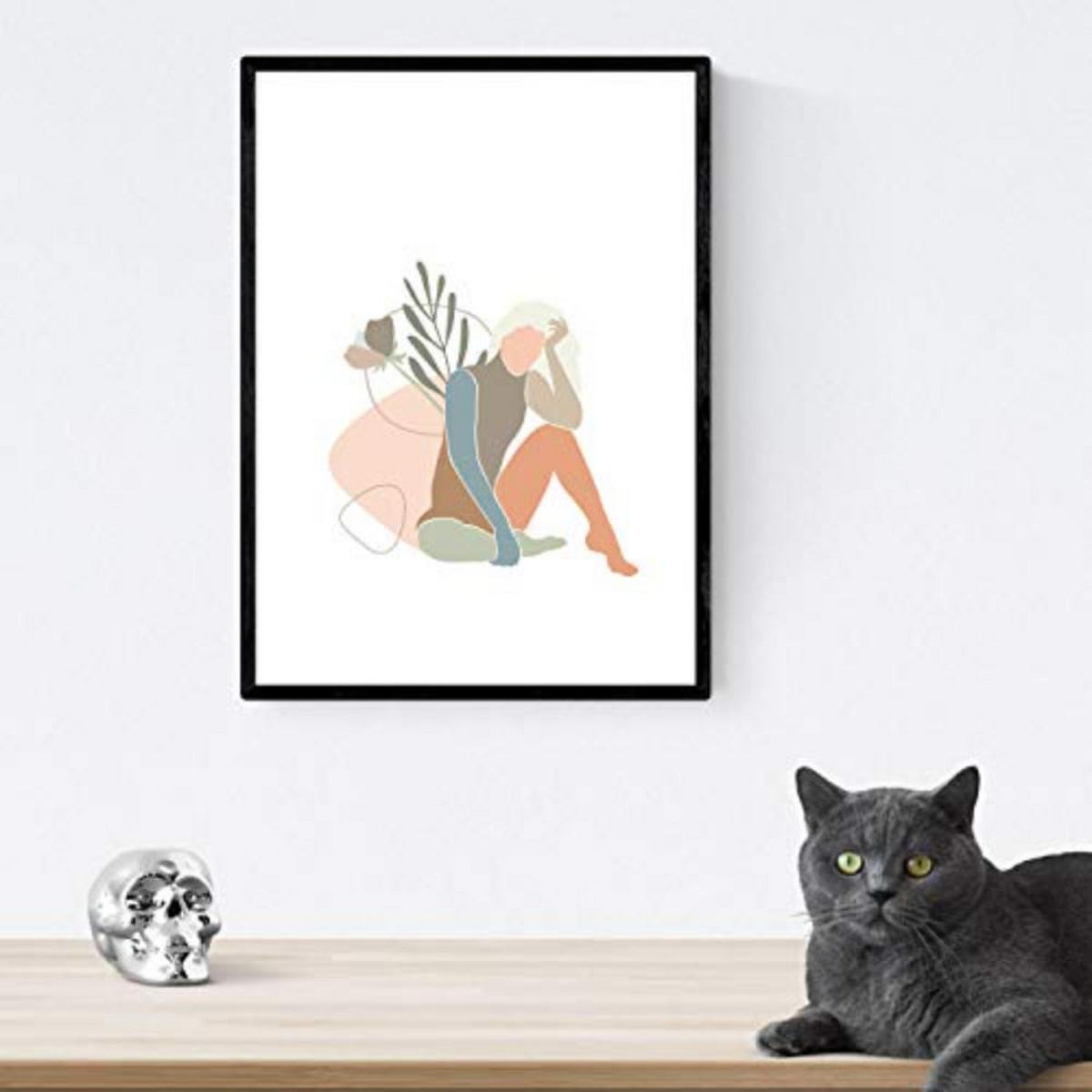 POSTER Set mit 4 Töne und Pastell weibliche Figuren Blumenmischung A4 Schwarzer Rahmen - Schwarz, Papier (29.7/3cm) - Nacnic