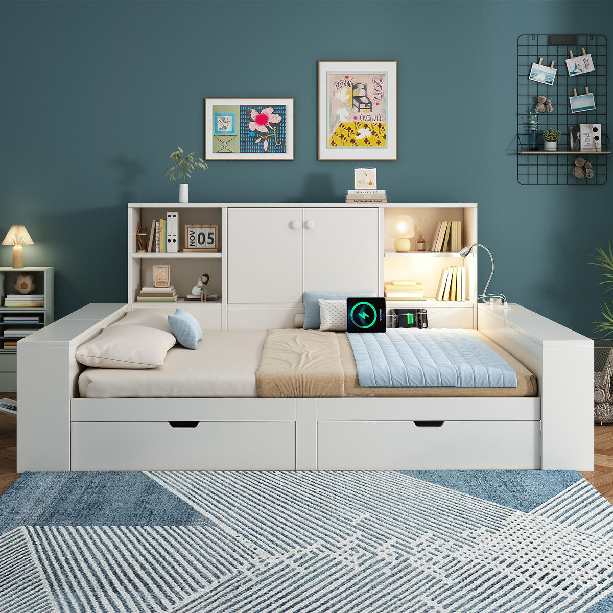 STAURAUMBETT 140x200 Weiß Holz Schubladen USB - Weiß, Holzwerkstoff (140/200cm) - FLIEKS