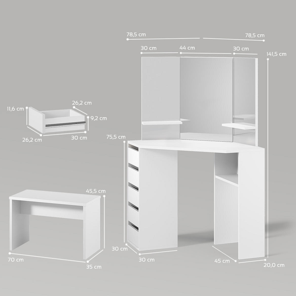 ECKSCHMINKTISCH Enna Weiß 110 cm mit Bank - Weiß, Holzwerkstoff (110/141.5/54cm) - Livinity®