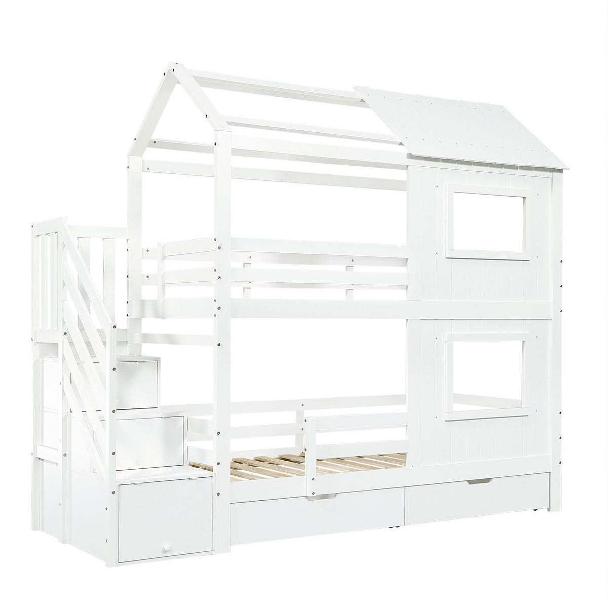 ETAGENBETT mit Treppenschrank und Schublade 90x200 cm Kiefer/MDF Weiß - Weiß, Holzwerkstoff (90/200cm) - Beauniv