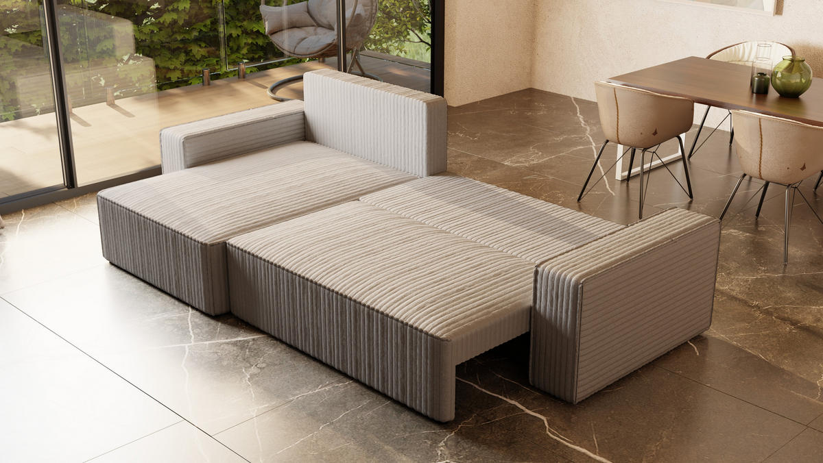 ECKSOFA Tobi mit Bettkasten und Schlaffunktion, L-Form/XL-Form, Cordstoff, Universal - Hellgrau, Holzwerkstoff (276/145cm) - 4ALL HOME