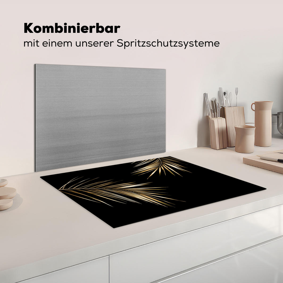HERDABDECKPLATTE Blätter - Pflanzen - Gold - Schwarz - Luxus Herdabdeckung Induktionsfeld 70x52 cm - Goldfarben, Kunststoff (70/52/0.2cm) - MuchoWow