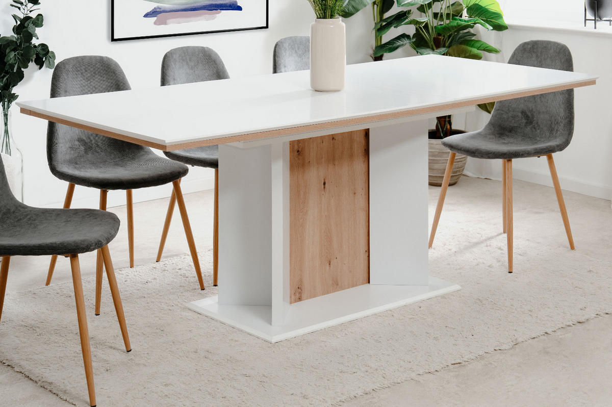 ESSTISCH weiß, Eiche Artisan, Säulentisch ausziehbar 160 - 200 x 90 cm - Weiß/Eiche Artisan, Holzwerkstoff (160/90/76cm) - Furn.Design