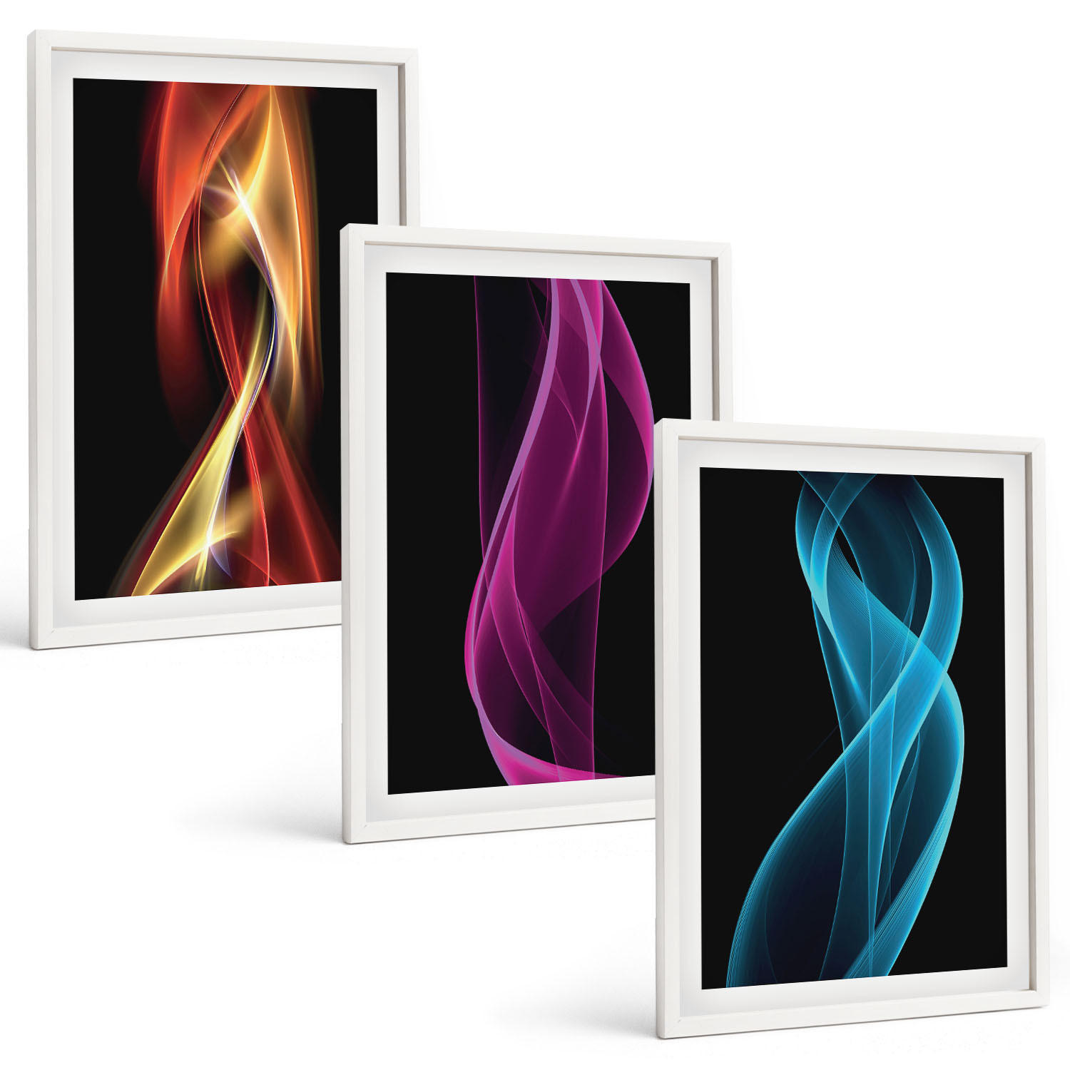 BILDER SET 3er Set - 40x60 cm Weißer Rahmen - Neonwellenlinien auf dunklem Hintergrund - Weiß, Kunststoff (40/60cm) - TULUP