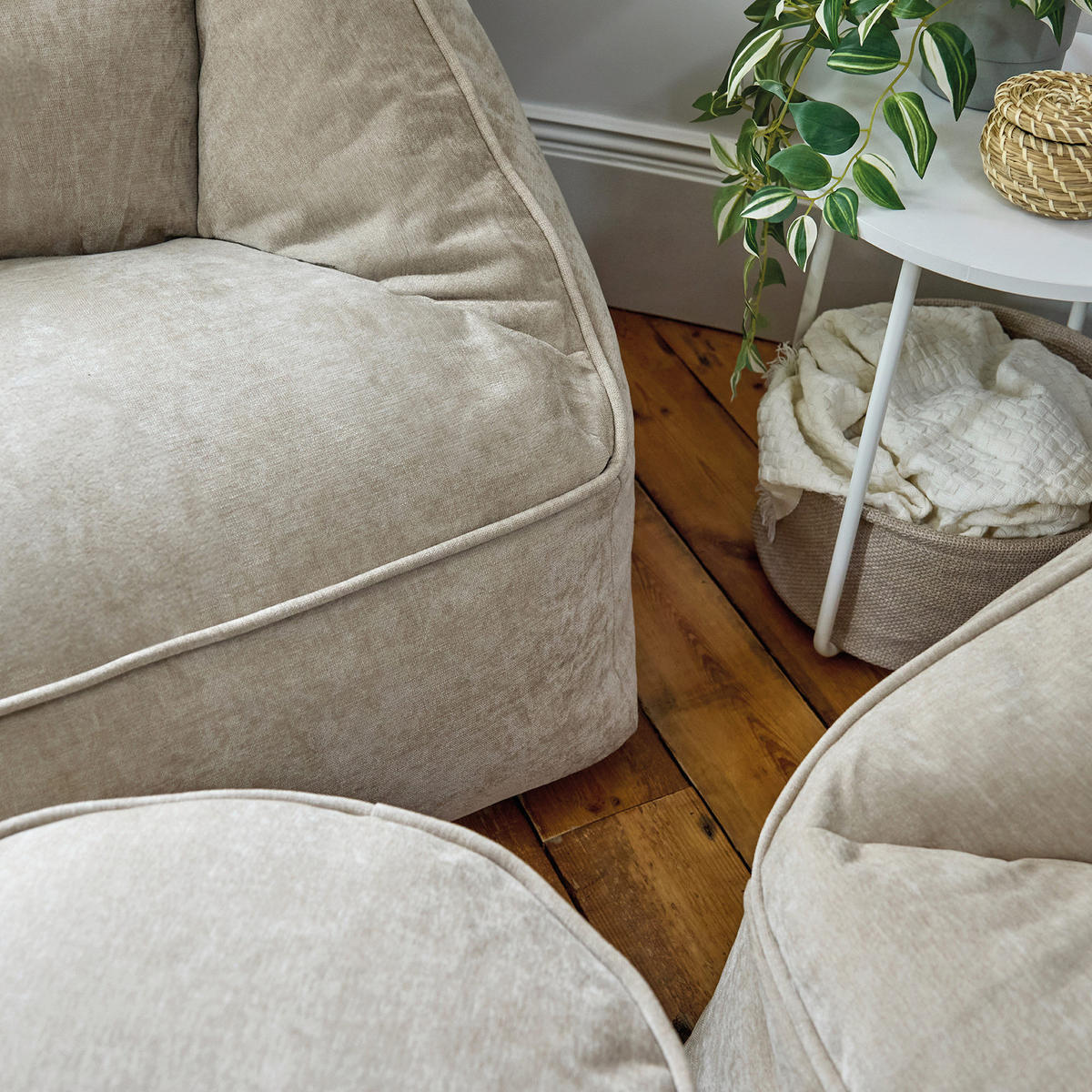 SITZSACK-SET 3 tlg, Sofa Chenille Cecilia, Sitzsack Sessel mit Hocker - Beige, Kunststoff/Textil (160/70/93cm) - icon
