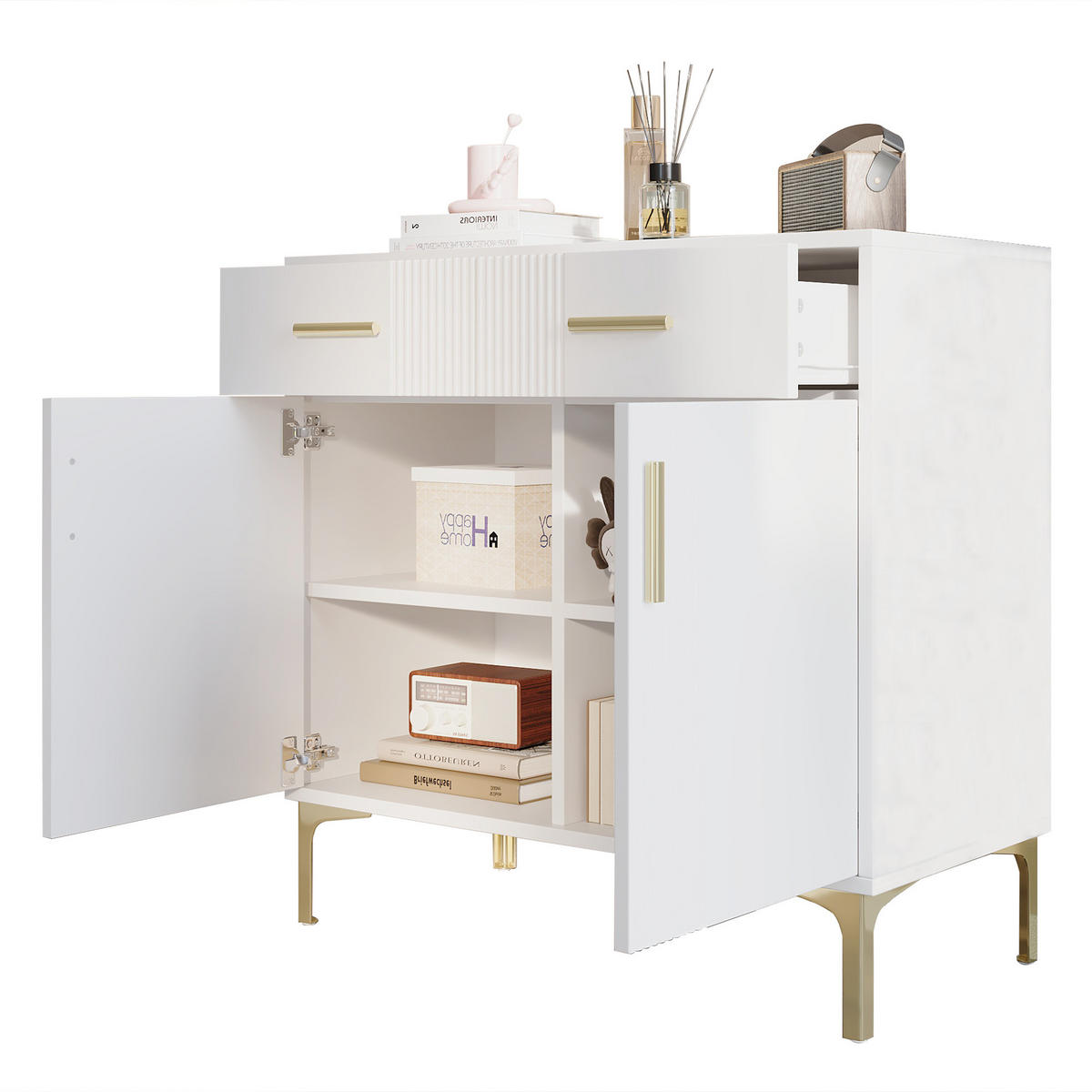 SIDEBOARD 80/35/79,5 cm mit 2 Türen & 2 Schubladen in Weiß Hochglanz - Weiß, Holzwerkstoff (80/79.5/35cm) - BEAOK