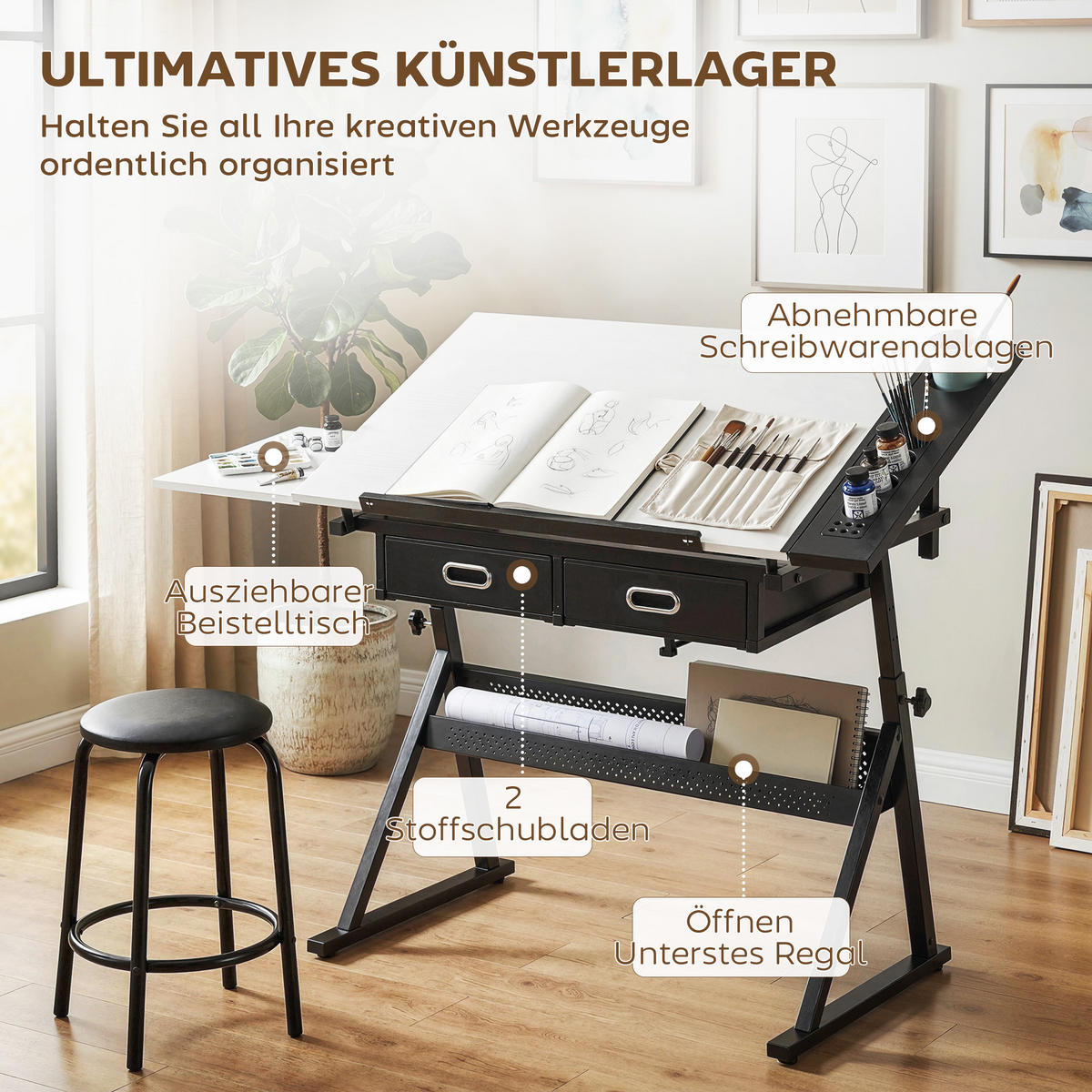 ZEICHENTISCH mit Hocker aus MDF Metall Weiß - Schwarz/Weiß, Leder/Holzwerkstoff (120/60/92cm) - HOMCOM