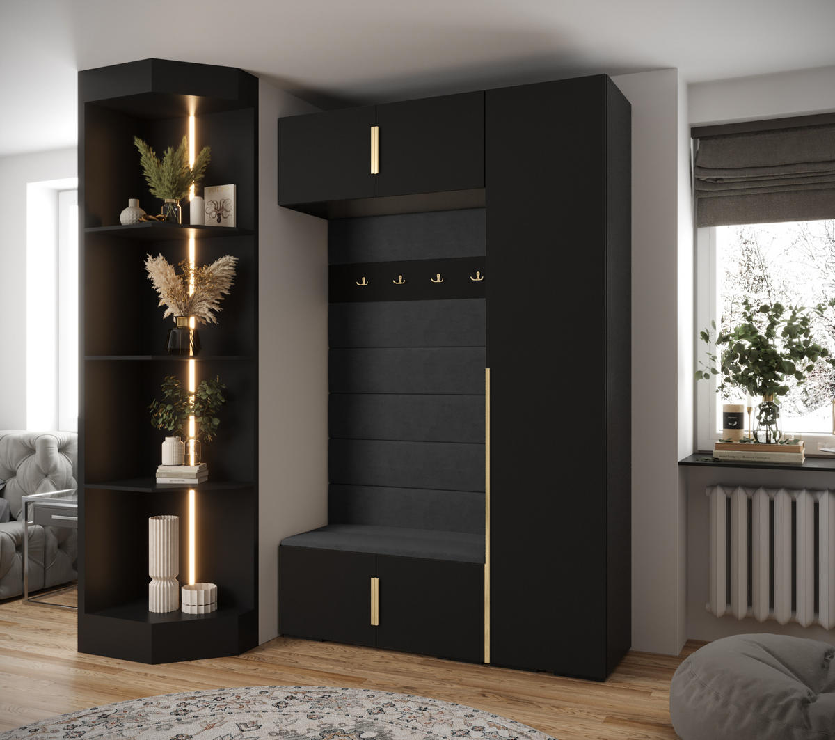 GARDEROBEN-SET 236,7/150/47 - Goldfarben/Schwarz, Holz/Kunststoff (150/236.7/47cm) - Abiks Möbel