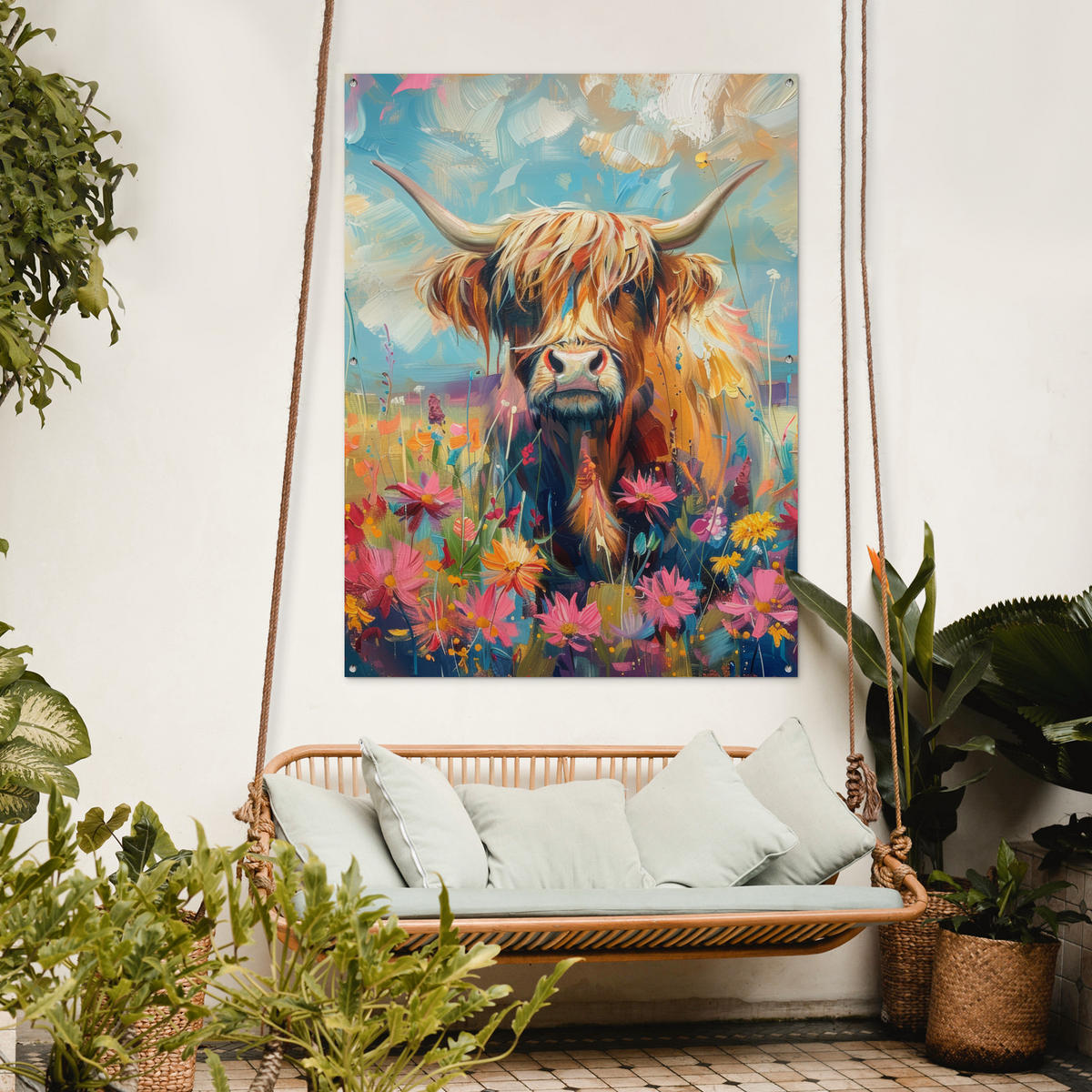 ZAHRADNÍ PLAKÁT Skotský horal - Příroda - Barevné - Květiny 120x160 cm - světle modrá, plast (120/160/0.2cm) - OnlyWow