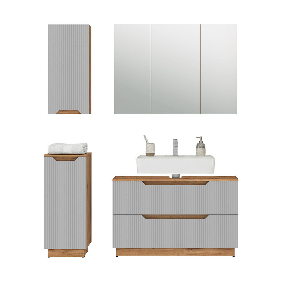 BADMÖBEL-SET Lotta Eiche/grau gestreift 4 Teile - Eichefarben/Grau, Holzwerkstoff (99.4/62.5/32cm) - Vicco