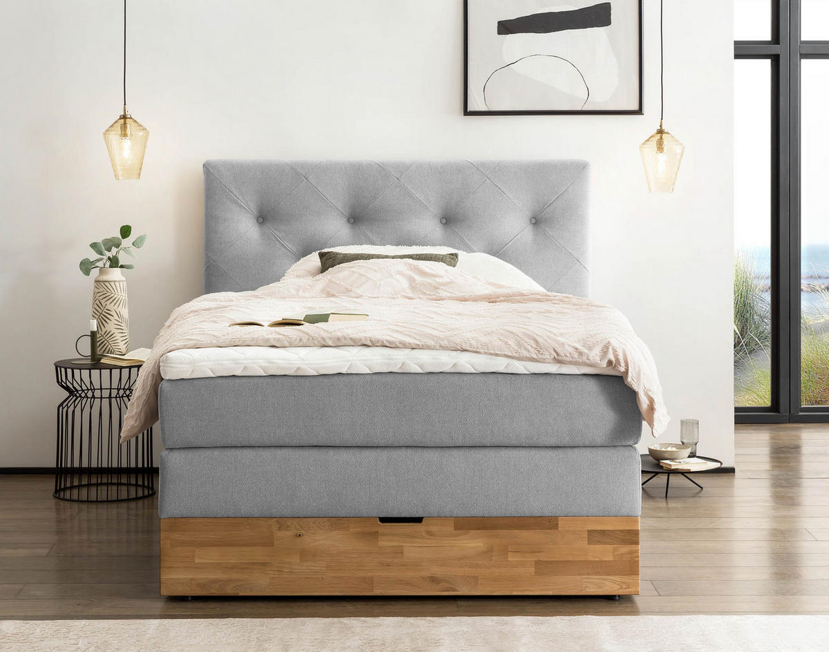 BOXSPRINGBETT MARBO 140x200 Hellgrau H2 und H3 mit Bettkasten 7-Zonen Taschenfederkern Matratze inkl. Visco Topper und Eiche - Hellgrau, Textil (140/200cm) - Belanoti