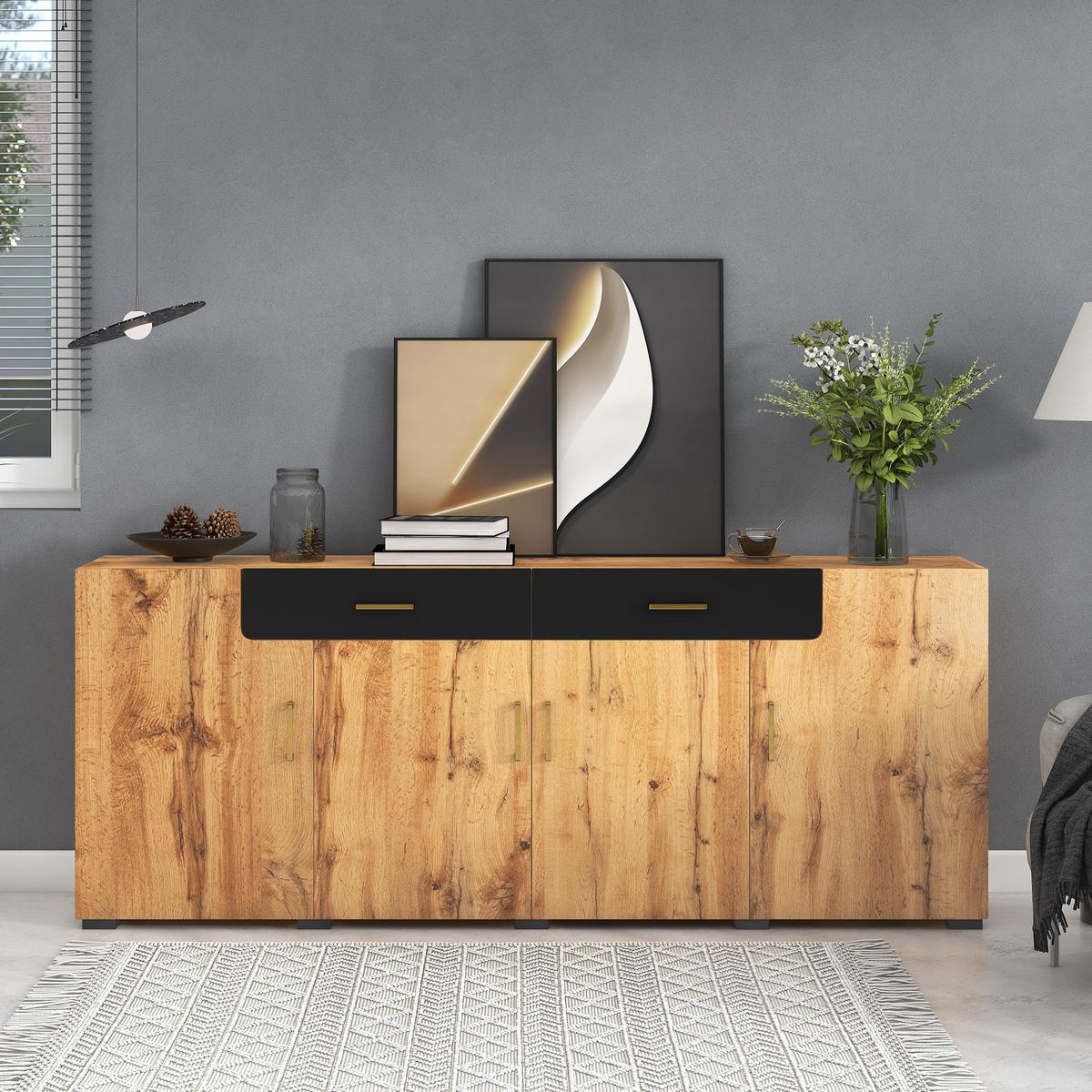 SIDEBOARD 4 Türen 2 Schubladen 208x39.5x80cm Stauraum - Braun, Holzwerkstoff (39.5/80/208cm) - FLIEKS