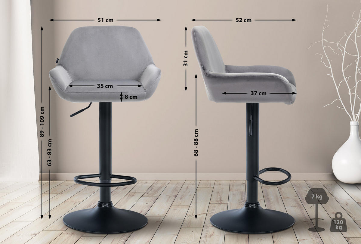 BARHOCKER Samt grau - Schwarz/Grau, Textil/Metall (51/89/52cm) - CLP
