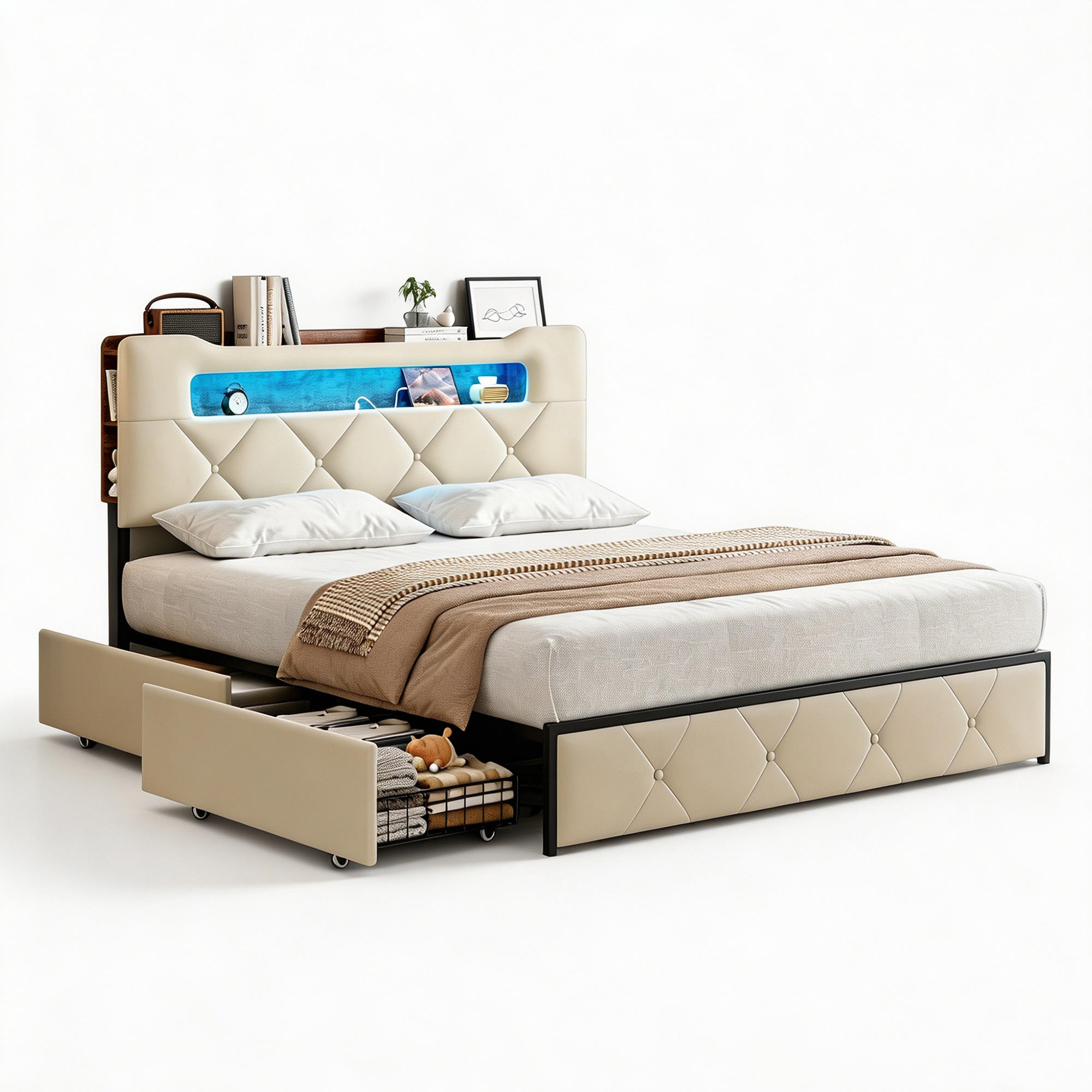 POLSTERBETT 140x200, jugendbett mit 4 Schubladen, LED, USB, Kopfteil, Lattenrost, samt, beige - Beige, Holzwerkstoff/Textil (140/200cm) - GENKI LIVING