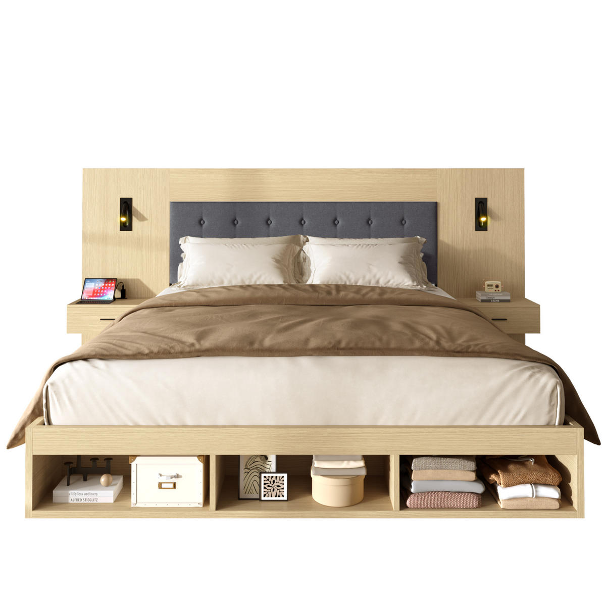 DOPPELBETT 180/200 cm mit USB- & Type-C-Anschluss, drehbaren Leselampen, 2 Nachttischen und Stauraum, MDF, Helle Eiche - Eichefarben, Holzwerkstoff (180/200cm) - Redom