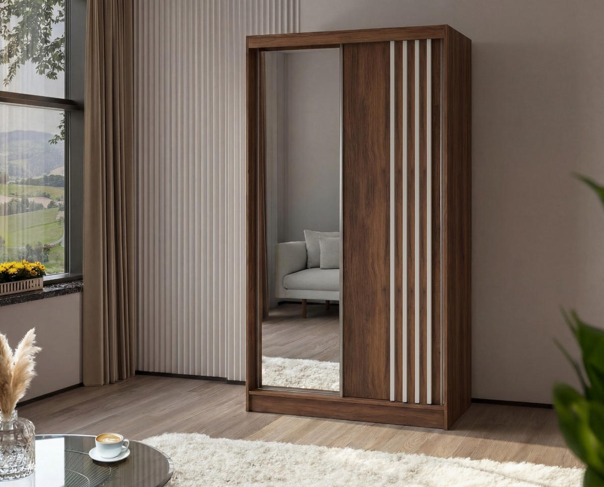 SCHWEBETÜRENSCHRANK Neli 120 cm mit Lamellen und Spiegel 2-türig, Nuss Warmia, Lamelle weiß - Dunkelbraun/Weiß, Kunststoff (120/216/61cm) - Margaret Hadas24