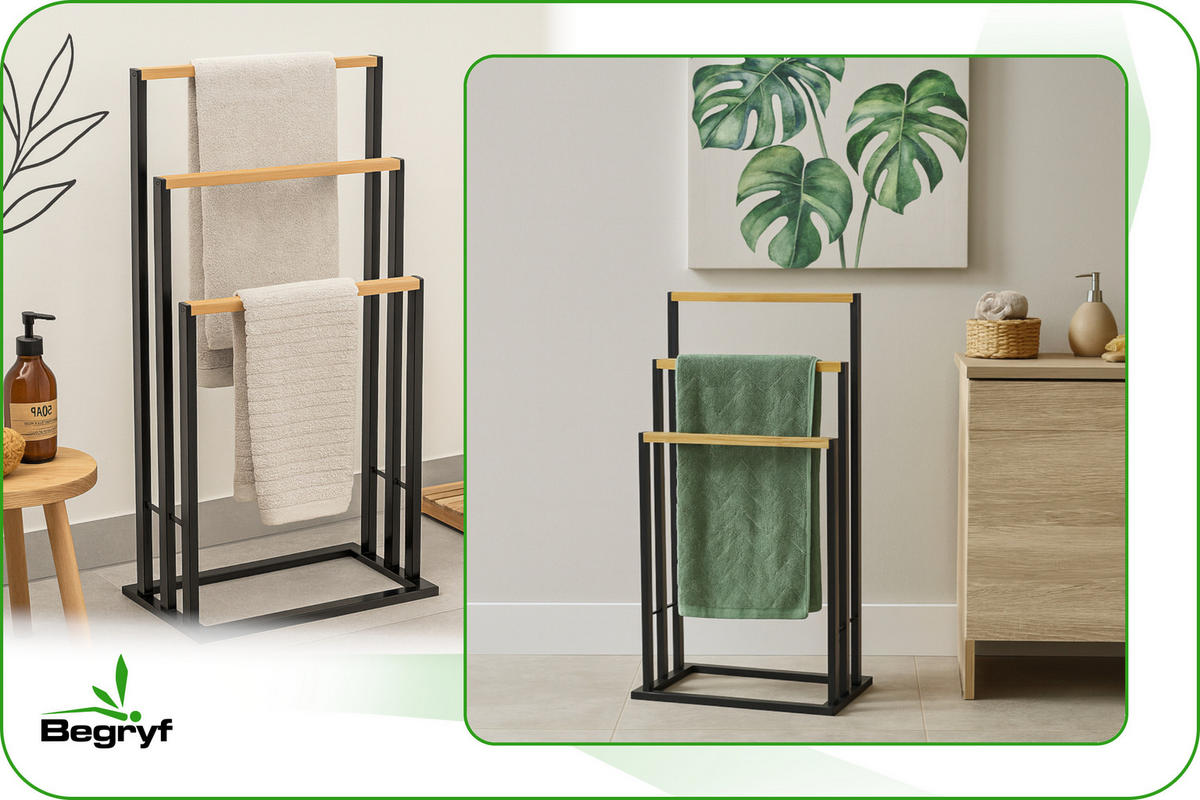 HANDTUCHSTÄNDER Bambus Metall Schwarz Natur 81,5x42x24 cm - Schwarz/Naturfarben, Holz (42/81.5/24cm) - Begryf