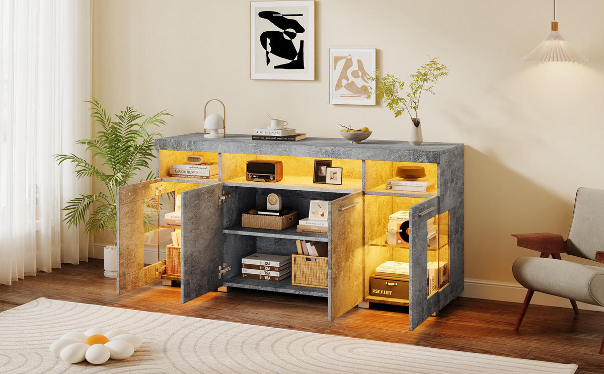 SIDEBOARD mit 16-Farben-LED-Beleuchtung und verstellbaren Regalen - Grau, Holzwerkstoff (140/70/40cm) - Urban Meuble