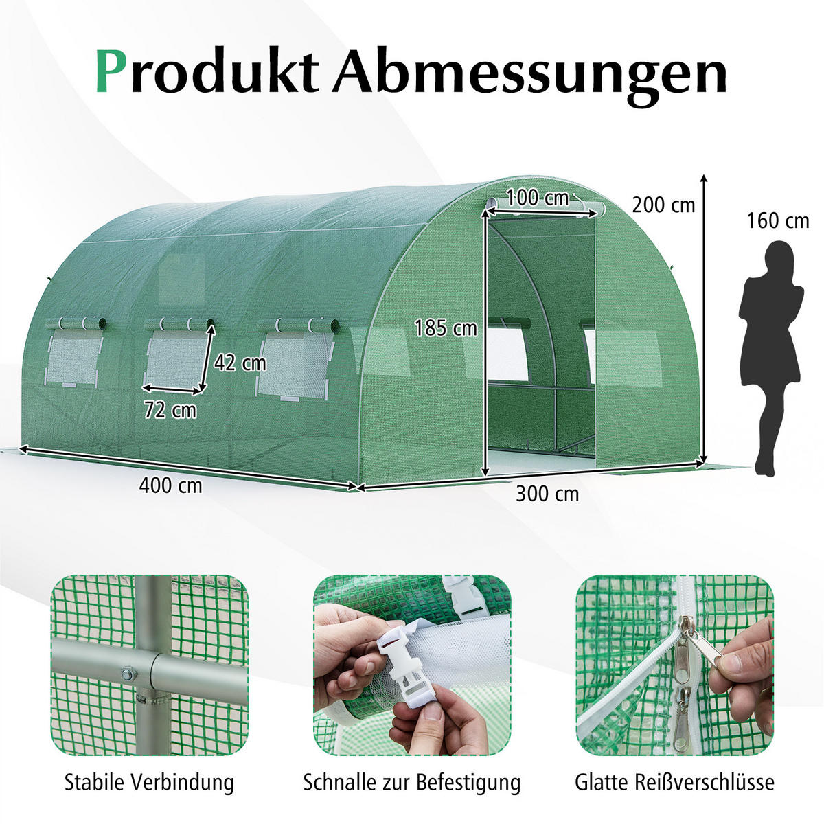 GEWÄCHSHAUS Grün - Grün, Metall (300/200/400cm) - COSTWAY