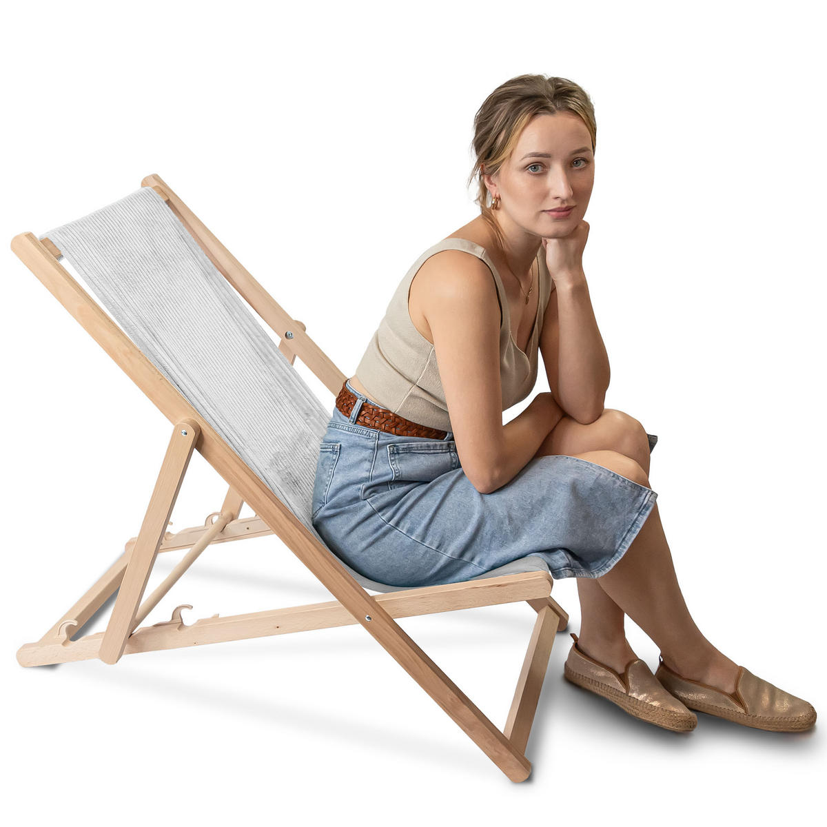 HOLZLIEGESTUHL klappbar Buchenholz Cord-Gewebe Storm Gray M - Hellgrau/Grau, Holz/Textil (54/85/92cm) - Dreamroots