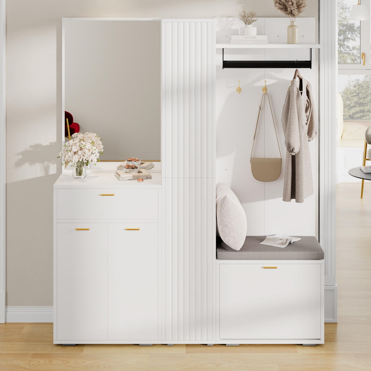 GARDEROBE Weiß Spiegel Bank 3 Türen Schuhregal 150x36x180cm - Weiß, Holzwerkstoff (150/180/36cm) - FLIEKS